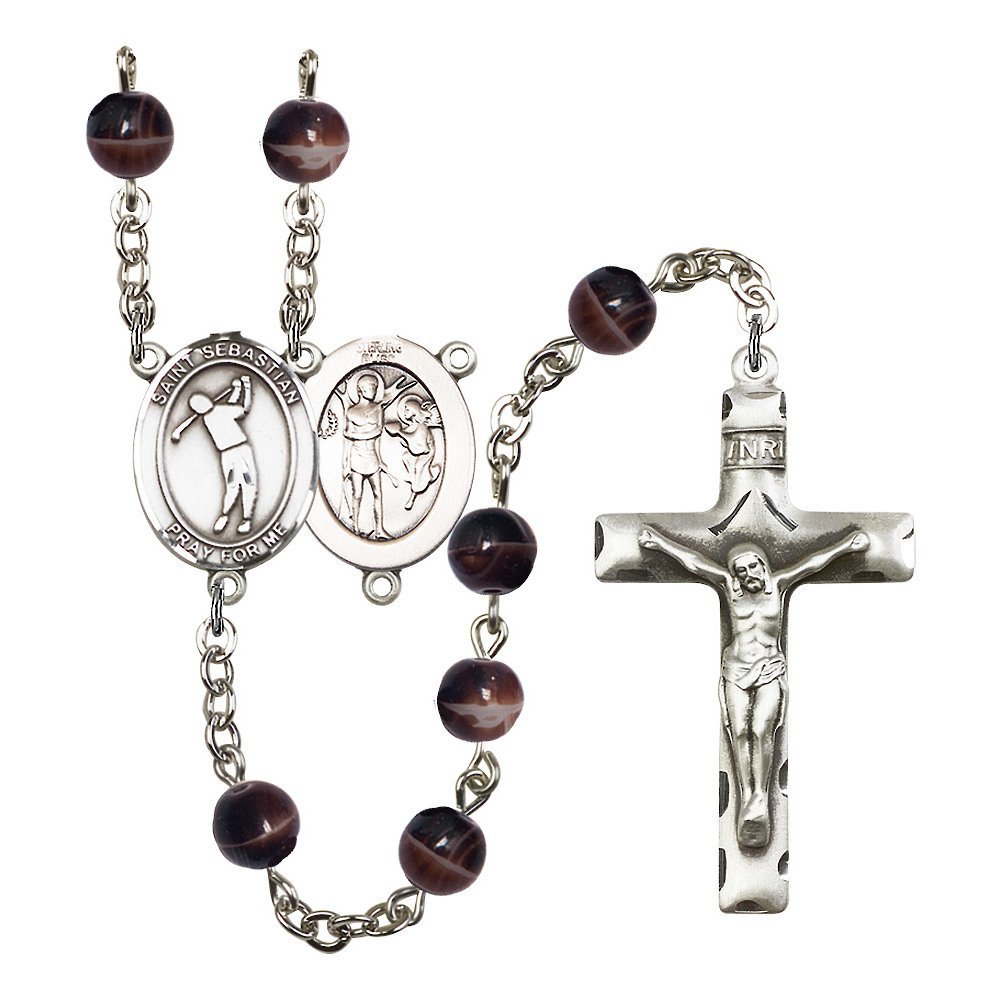 Bonyak Jewelry St. Sebastian Golf Silver-Plated Rosary Necklace - Birthstone Colors for All Months | Perfect for Religious Gifts, Catholic Devotion & Everyday Faith Jewelry