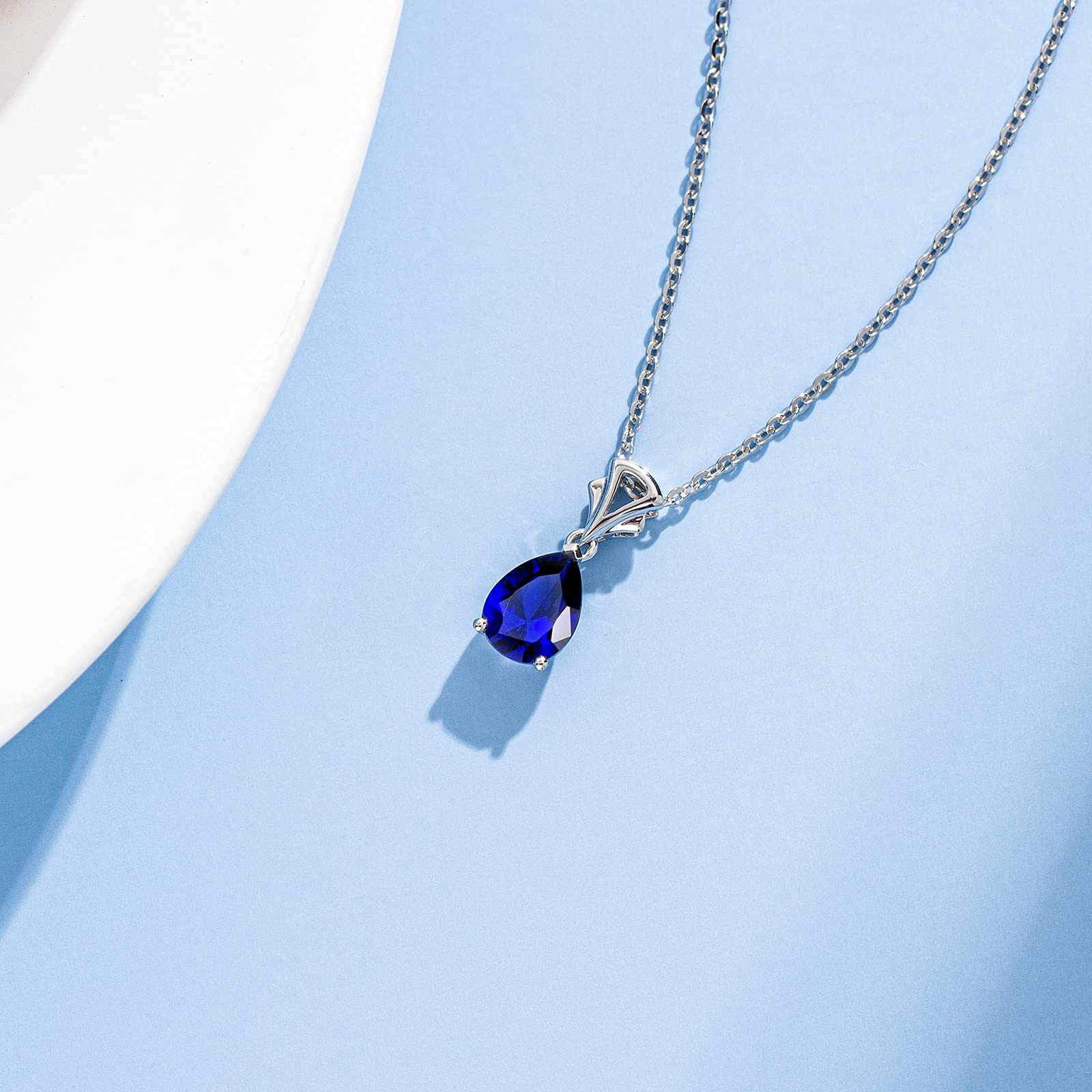 14K Solid White Gold Teardrop Birthstone Pendant Necklace for Women - Personalized Birthday Gift for Mom, Wife, Daughter - Sterling Silver Chain 16