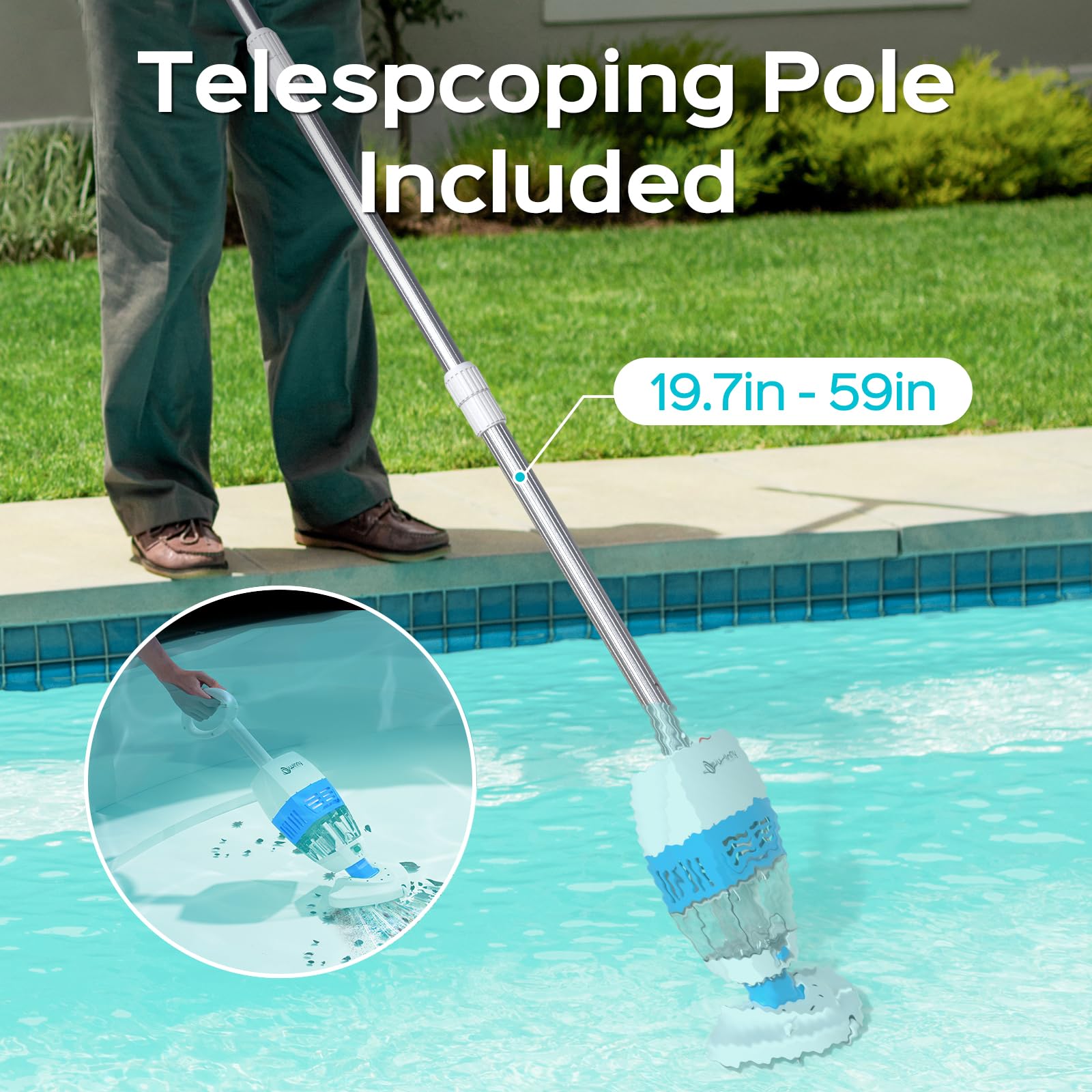 2024 Upgraded Rechargeable Handheld Pool Vacuum for Above Ground Pools - 60 Min Runtime, Telescopic Pole & 2-in-1 Cleaning Head - Ideal for Small Pools, Hot Tubs, Spas, and Ponds - Perfect for Quick Cleaning and Maintenance