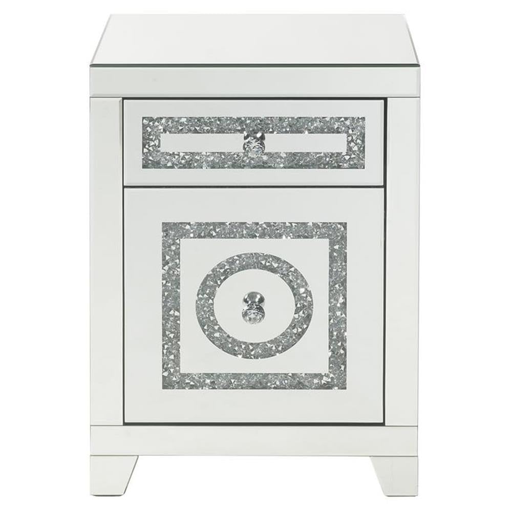 Acme Noralie Glass Accent Table with 2 Drawers - Elegant Mirrored Finish & Faux Diamond Decor | Perfect for Living Room, Bedroom, or Entryway Decor