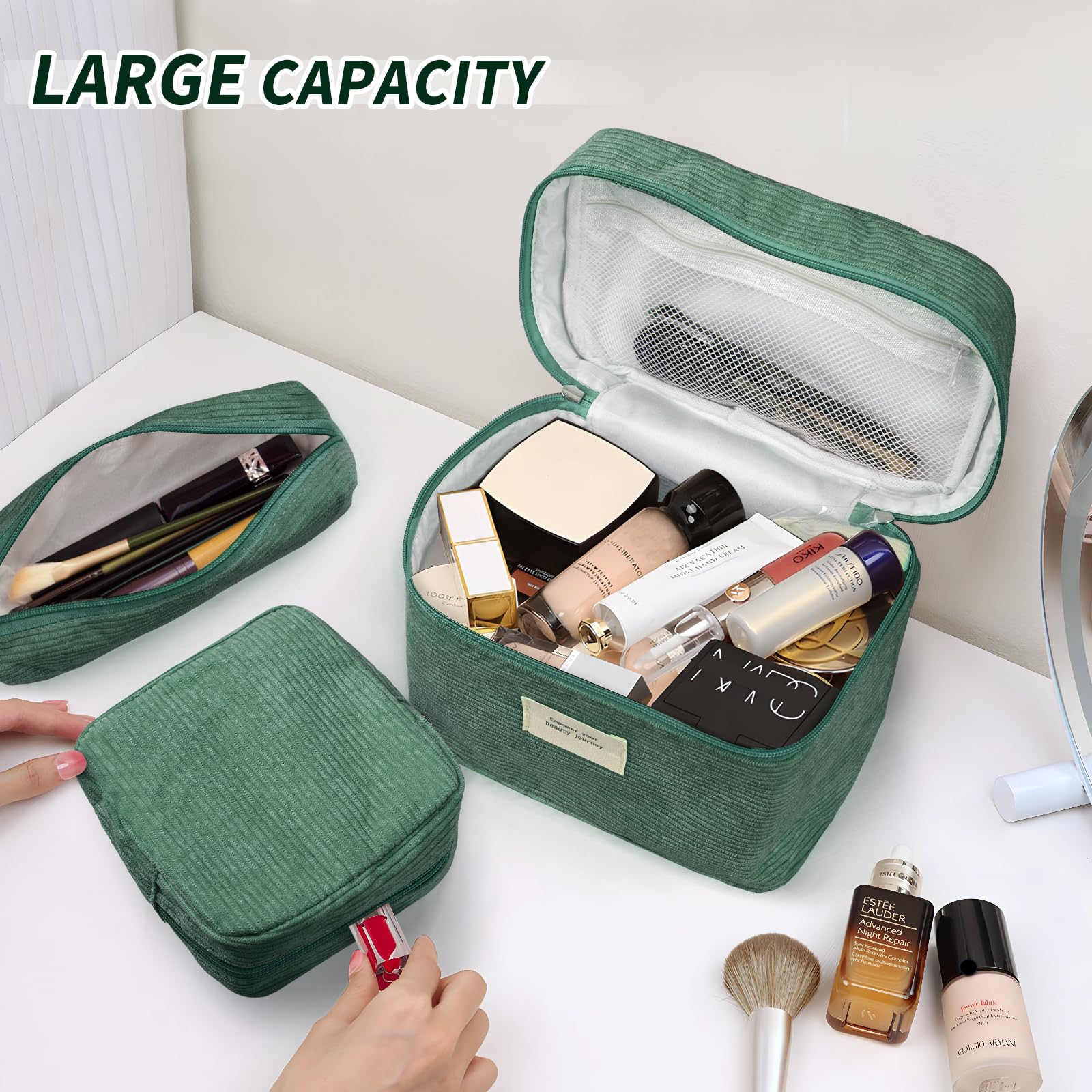 4 Pcs Corduroy Makeup Bags for Women - Aesthetic Cute Cosmetic Bags Set with Zipper, Multi-Size Travel Toiletry Organizer Pouch (Green) | Perfect for Travel, Gym, Daily Use & Gift Giving