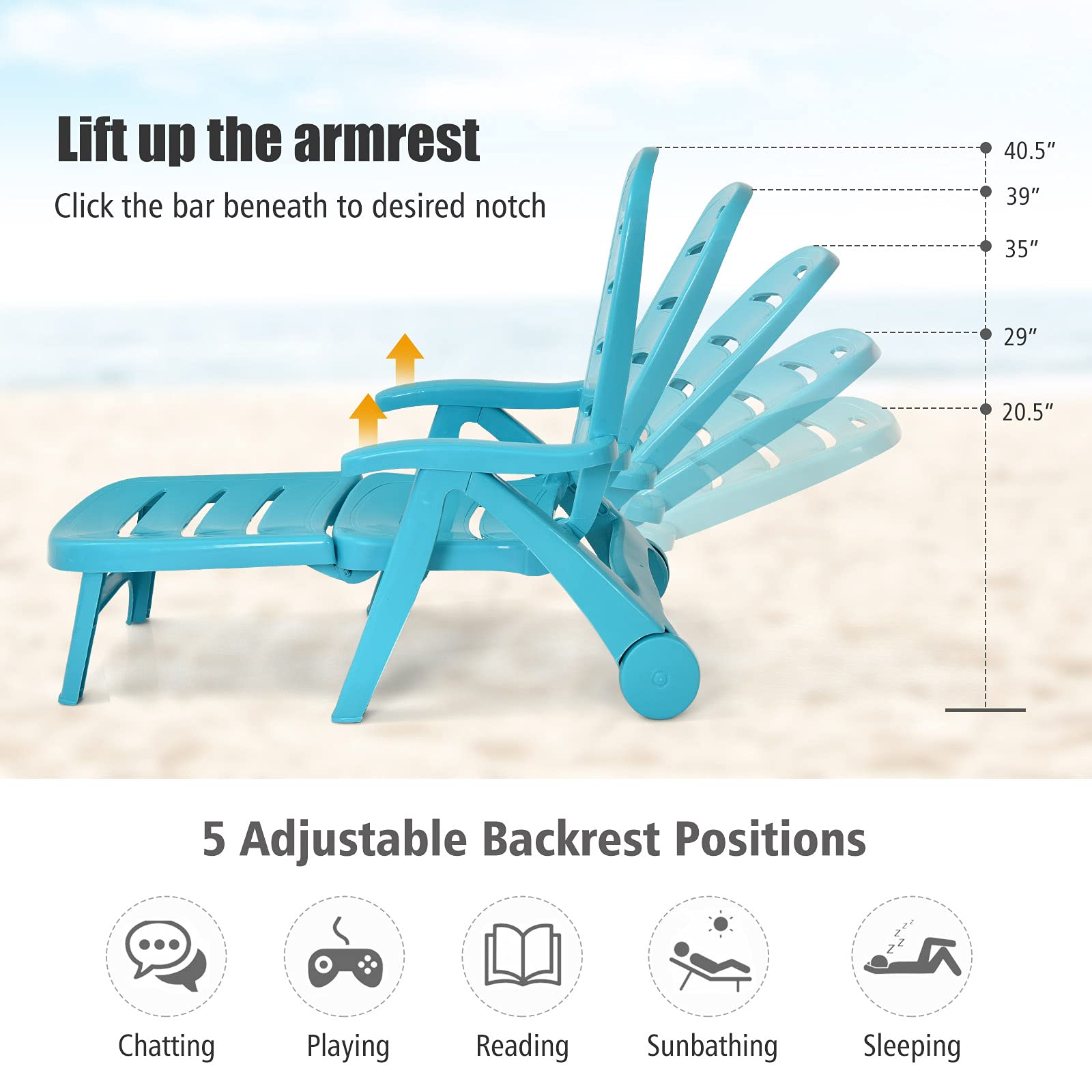 Giantex Folding Patio Chaise Lounge Recliner with Wheels - 5 Adjustable Positions, Armrests & Turquoise Fabric - Perfect for Poolside, Beach, Garden, Backyard & Outdoor Sunbathing - Portable Rolling Deck Chair for Relaxation (2-Pack)