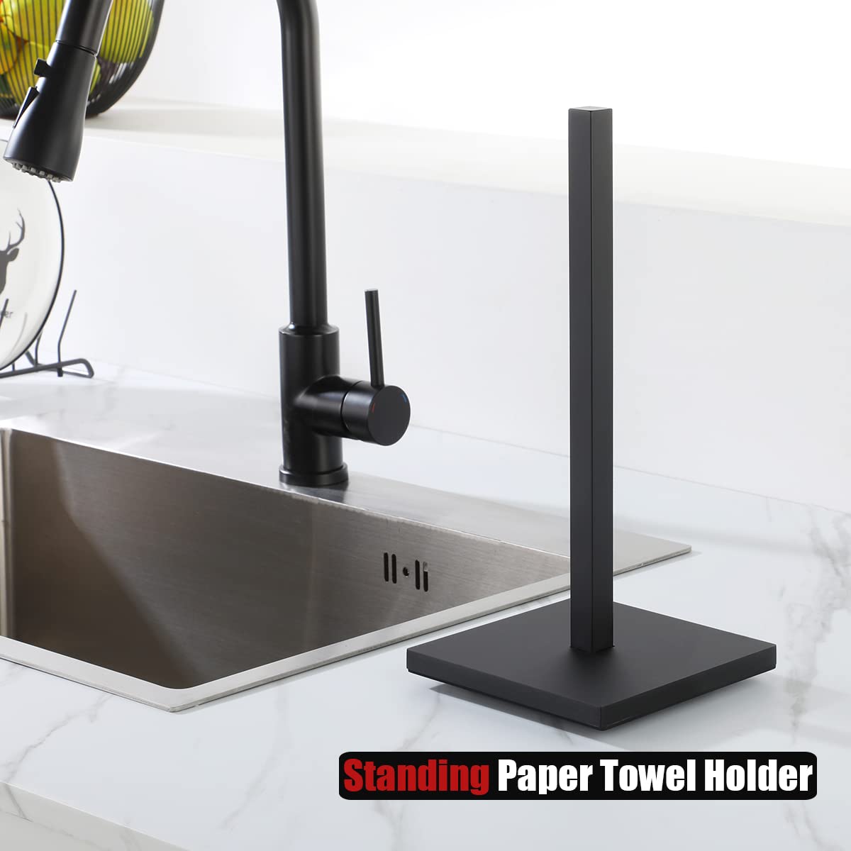 Stainless Steel Paper Towel Holder Stand - Black 304 Steel Free Standing Kitchen Countertop Dispenser for Standard & Jumbo Rolls | Perfect for Kitchens, Restaurants, Offices & Bathrooms