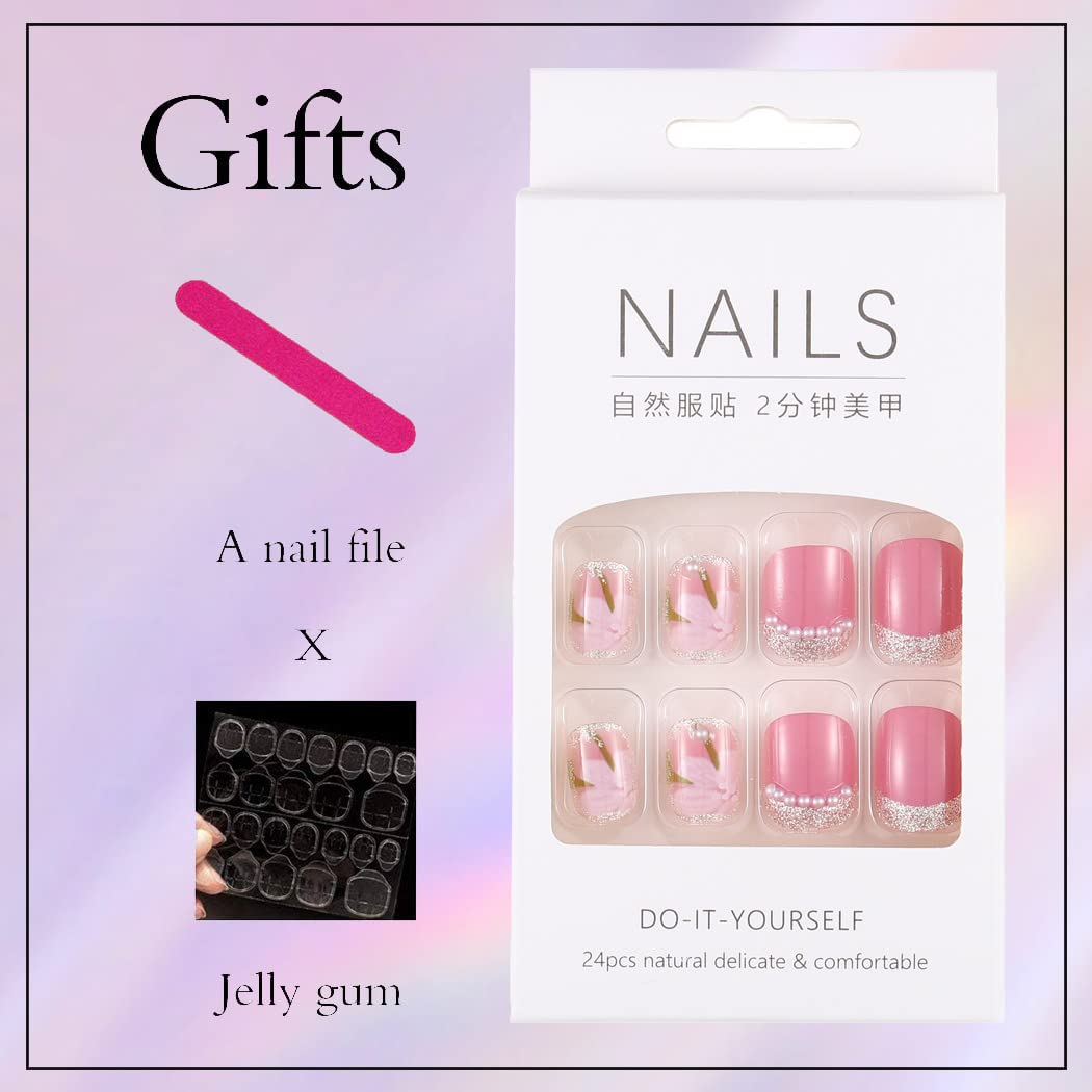 24pcs Uranian Square Press on Nails - Short French Fake Nails with Pearls & Flower Design, Glossy Pink False Nails with Bling Glitter - Full Cover Acrylic Nails Tips for Women & Girls (Flower Pink) | Perfect for Parties, Weddings, Date Nights & Special Occasions