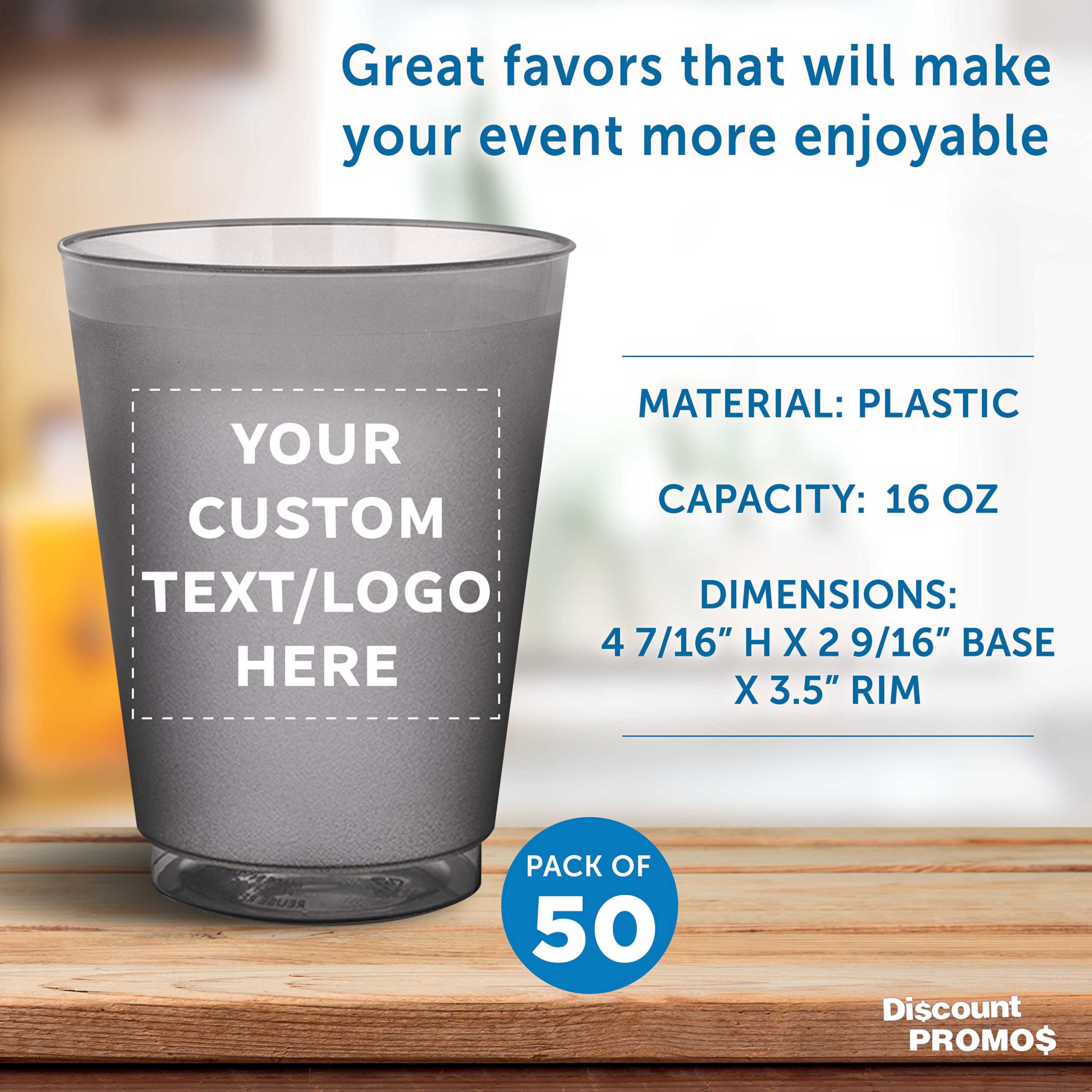 Custom Printed 16 oz Frosted Plastic Stadium Cups - 50 Pack with Promotional Text & Logo - Shatterproof, Flexible, Reusable Party Cups for Sports Events, Tailgating, BBQs, and Outdoor Gatherings - Smoke Color