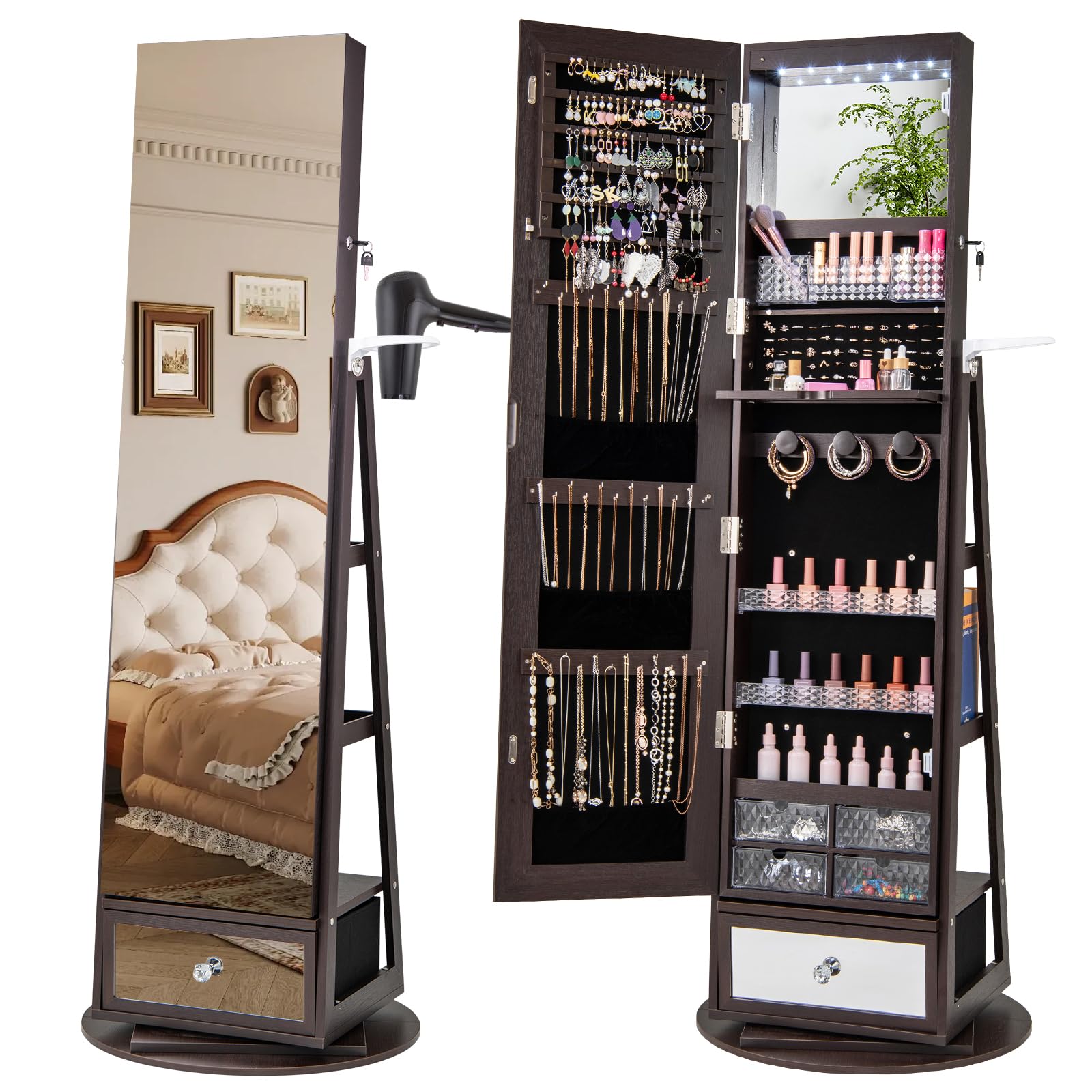 CHARMAID 360° Swivel Jewelry Cabinet Armoire with Full Length Mirror - 64.5