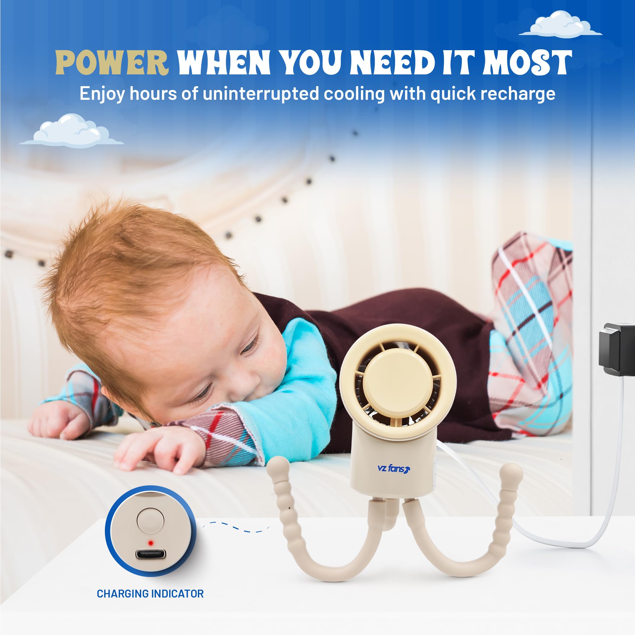 Baby Safe Portable Fan - Rechargeable USB-C Mini Fan with 3 Speeds & Flexible Tripod | Battery Operated Stroller Fan & Handheld Cooling Fan for Infants | Perfect for Strollers, Car Seats, Cribs & Outdoor Travel Accessories