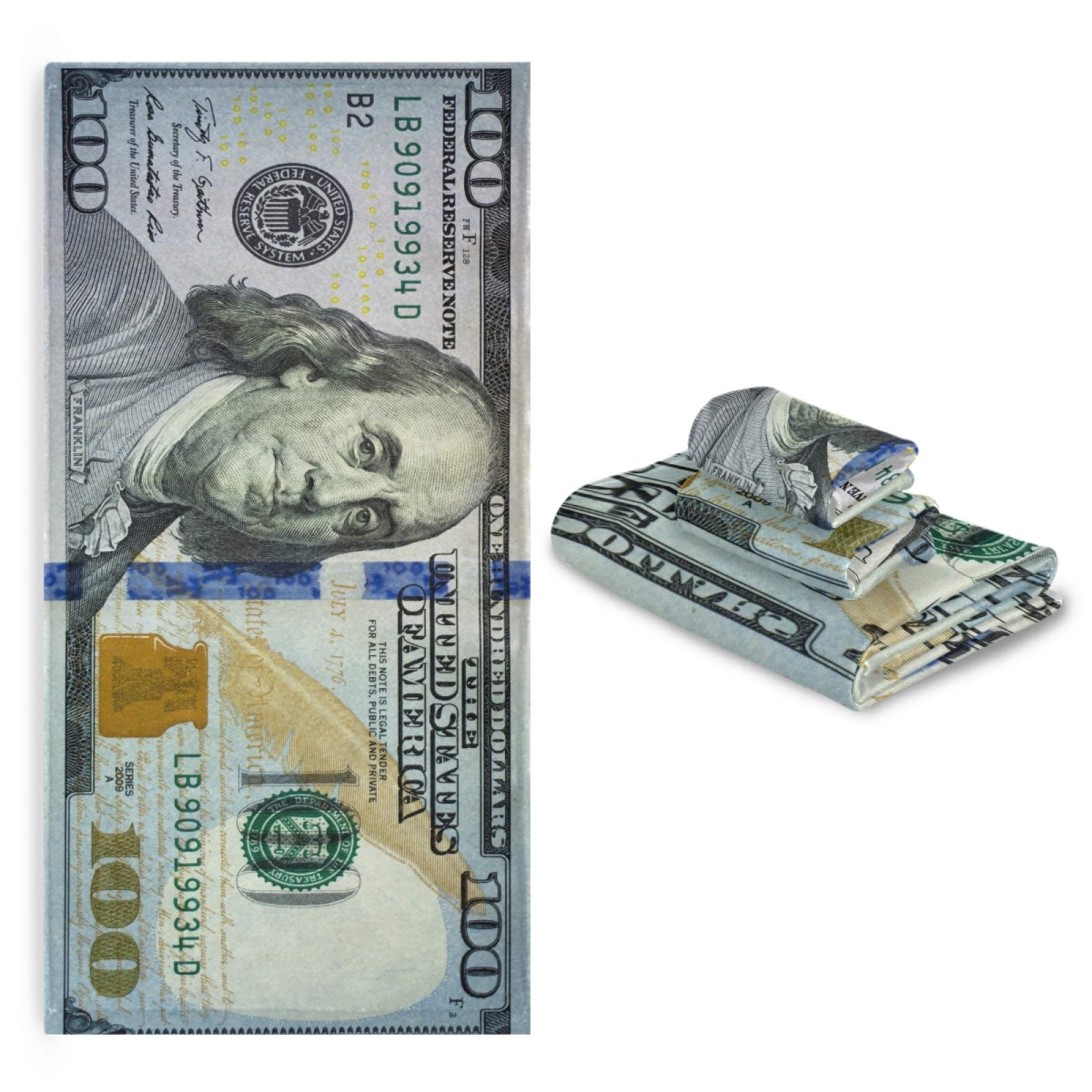 ALAZA 100 Dollar Bill Print Luxury Bath Towel Set - 3 Piece Decorative Set (1 Bath Towel, 1 Hand Towel, 1 Washcloth) - Ultra Soft & Absorbent for Bathroom, Hotel, Gym, Yoga & Spa - Perfect Gift for Money Lovers & Home Decor