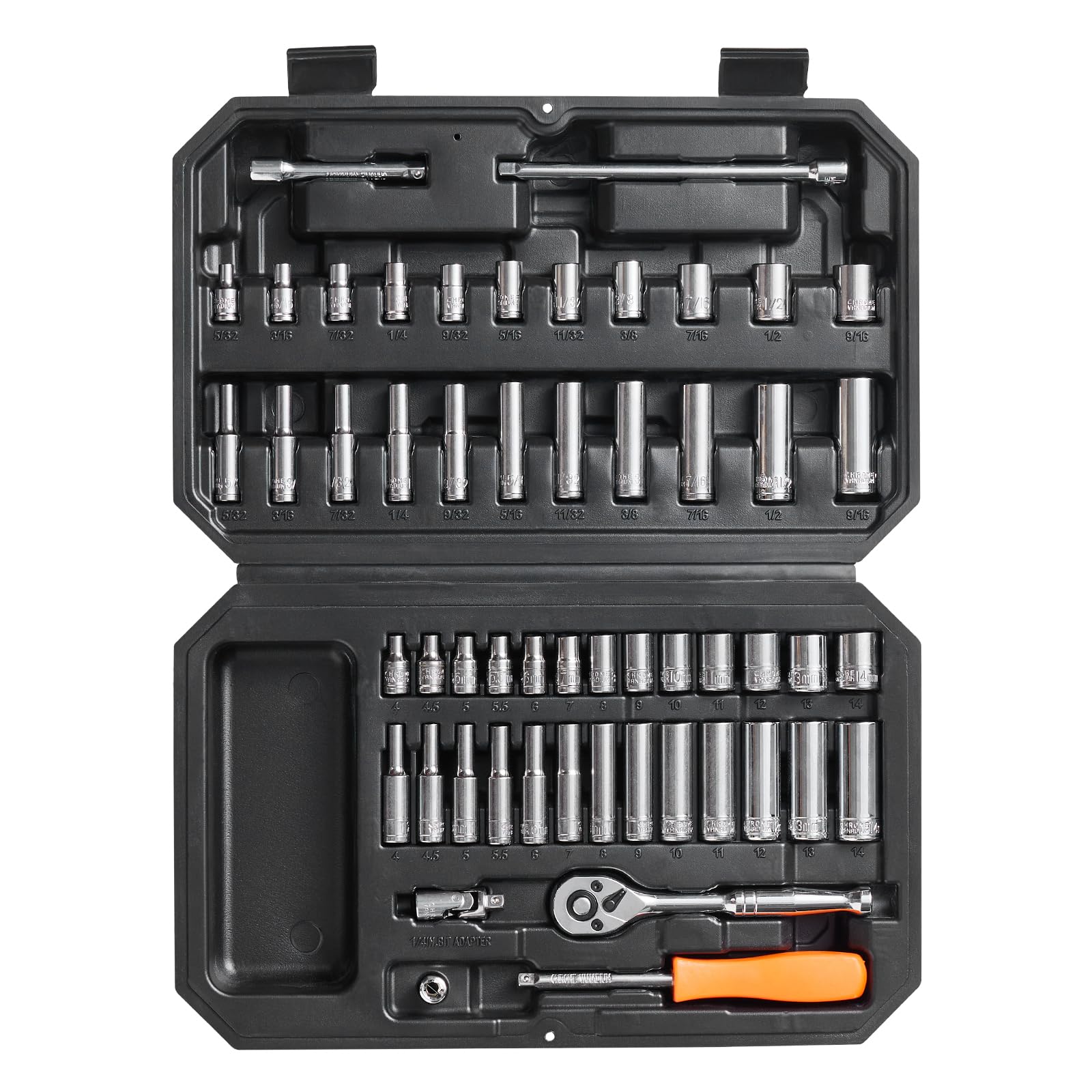 VEVOR 54-Piece 1/4 Inch Drive Socket and Ratchet Set - SAE & Metric 6-Point Deep/Standard Sockets (5/32-9/16 in, 4-14 mm) with Accessories & Storage Case - Perfect for Automotive Repair, DIY Projects, and Home Maintenance
