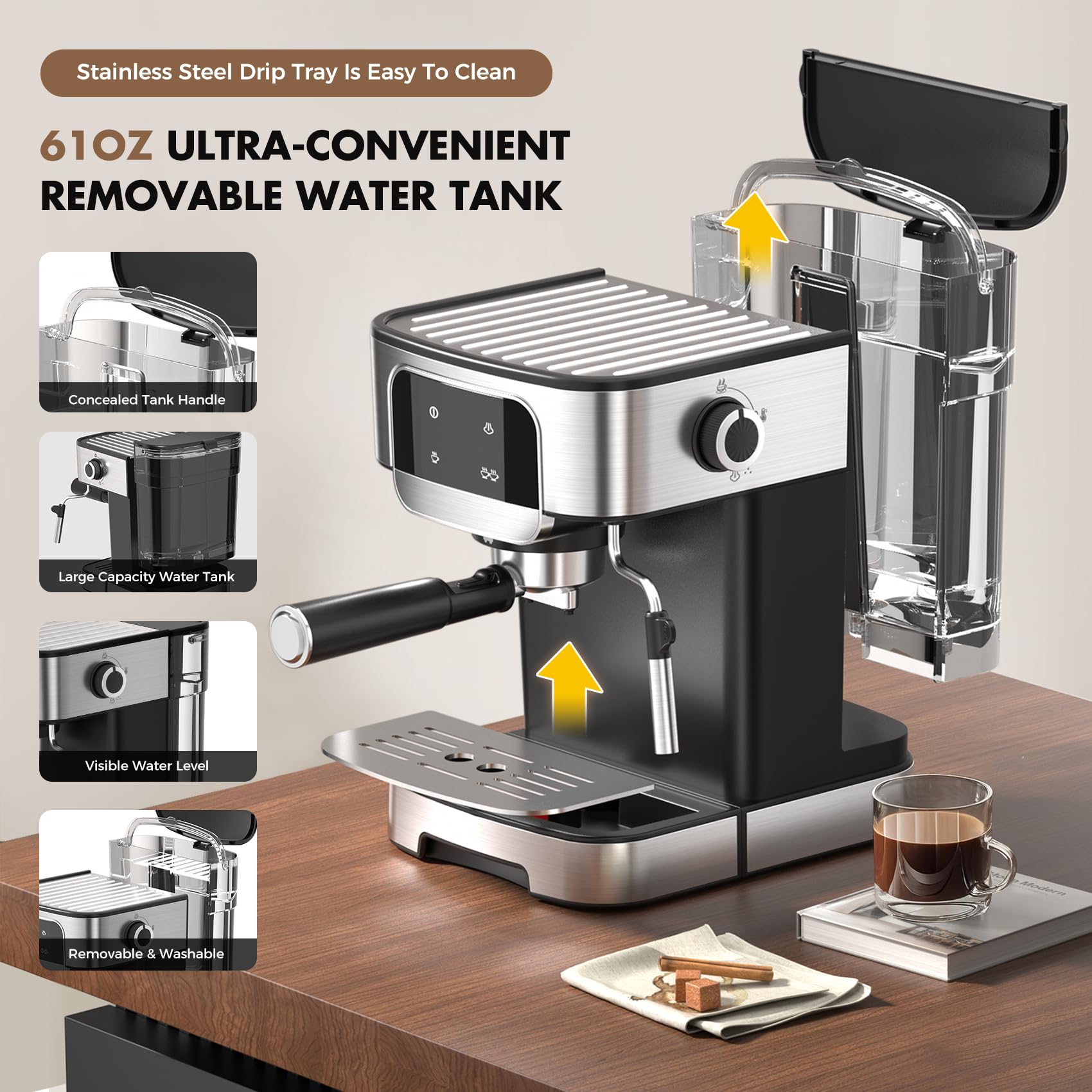 20 Bar Professional Espresso Machine with Auto Milk Frother - Compact Home Coffee Maker with LED Touch Screen & 61OZ Removable Water Tank - Perfect for Lattes, Cappuccinos & Home Baristas - Ideal for Small Kitchens, Offices & Coffee Enthusiasts