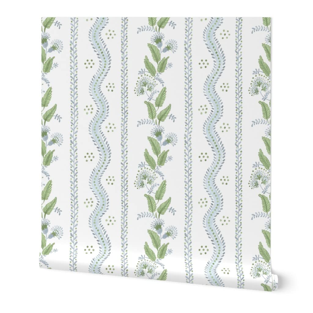 Peel & Stick Removable Wallpaper 3ft x 2ft - Soft Blue Green White Stripes with Floral Dots | Traditional Custom Wall Decal for Bedroom, Nursery & Home Office Decor