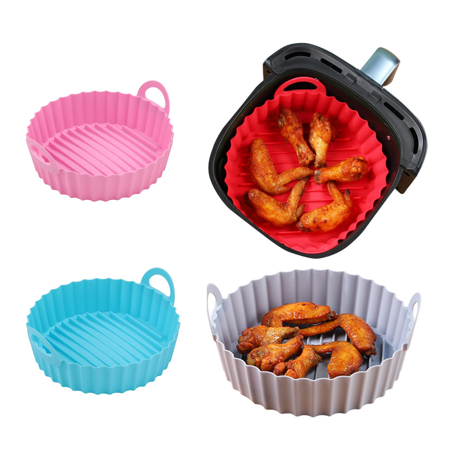 2-Pack Reusable Silicone Air Fryer Liners 8.5 Inch - Non-Stick, Heat Resistant & Dishwasher Safe Basket for Easy Cleaning - Perfect for Air Fryer, Oven & Microwave Cooking (Blue & Pink) - Ideal for Healthy Frying, Roasting Vegetables & Reheating Leftovers