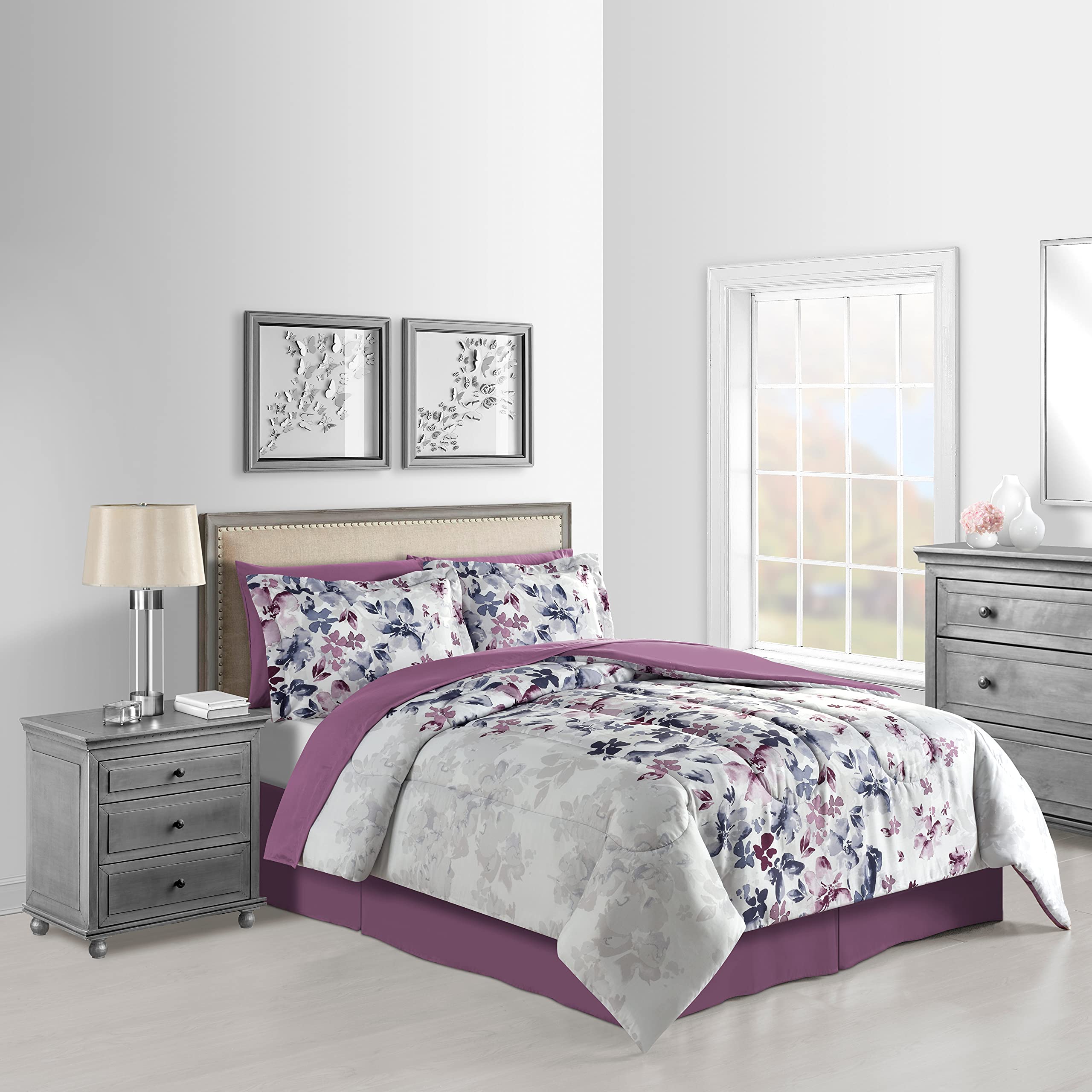 Monica 6-Piece Twin Size Bed-in-A-Bag Set - White & Lilac Floral Pattern Comforter, Sheet & Pillowcase Set for Girls Bedroom Decor