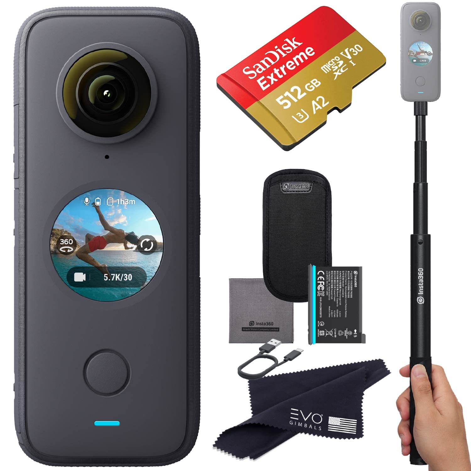 Insta360 ONE X2 360-Degree Camera with 5.7K30 Video & Touchscreen - 18MP 360 Photos, Steady Cam Mode, InstaPano | Includes 120cm Selfie Stick & 128GB SD Card Bundle | Perfect for Vlogging, Travel Adventures & Action Sports