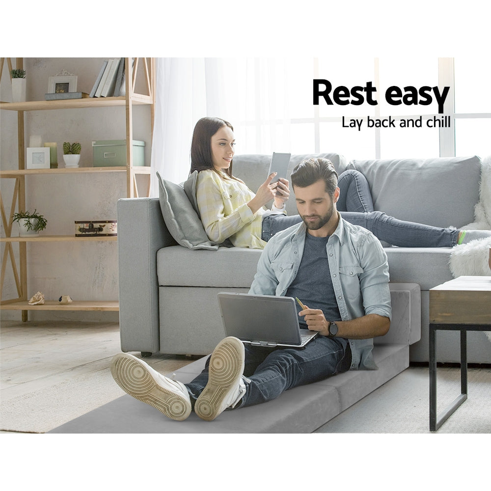 Portable Folding Foam Mattress Sofa Bed - Velvet Light Grey Lounge Chair for Camping, Guest Room & Small Spaces | Comfortable Convertible Sleeper for Adults