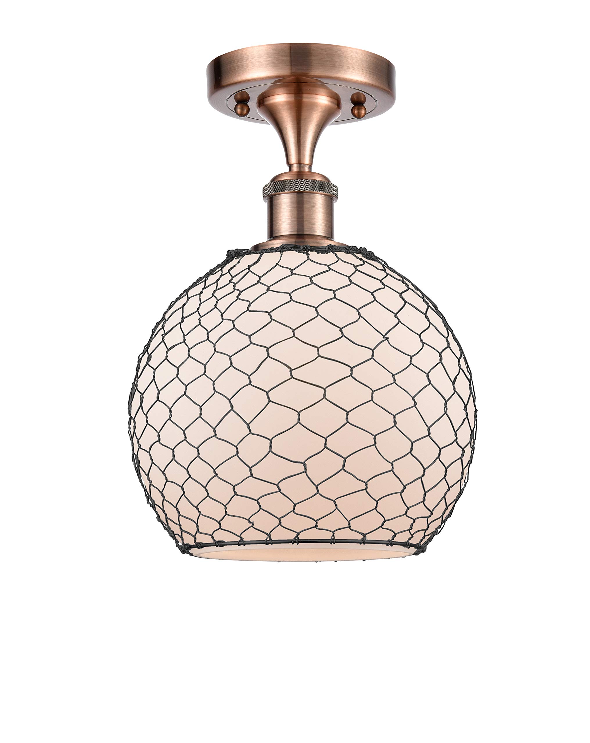 Farmhouse Chicken Wire Semi-Flush Mount Light Fixture - 1 Light Antique Copper Ceiling Light, Ballston Collection - Perfect for Kitchen, Dining Room, or Country Style Home Decor