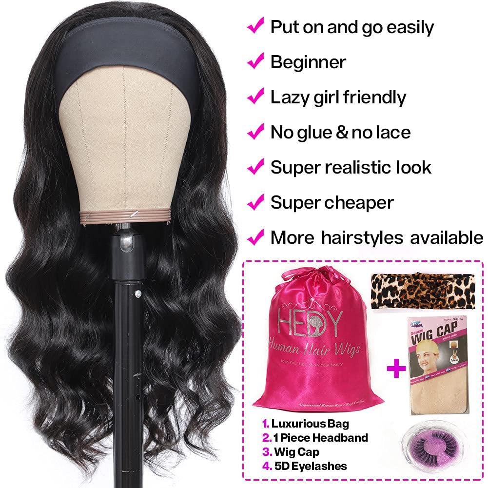 Brazilian Body Wave Headband Wig for Black Women - 20 Inch Human Hair Wig with 150% Density & No Lace Front - Perfect for Daily Wear, Parties, and Protective Styling