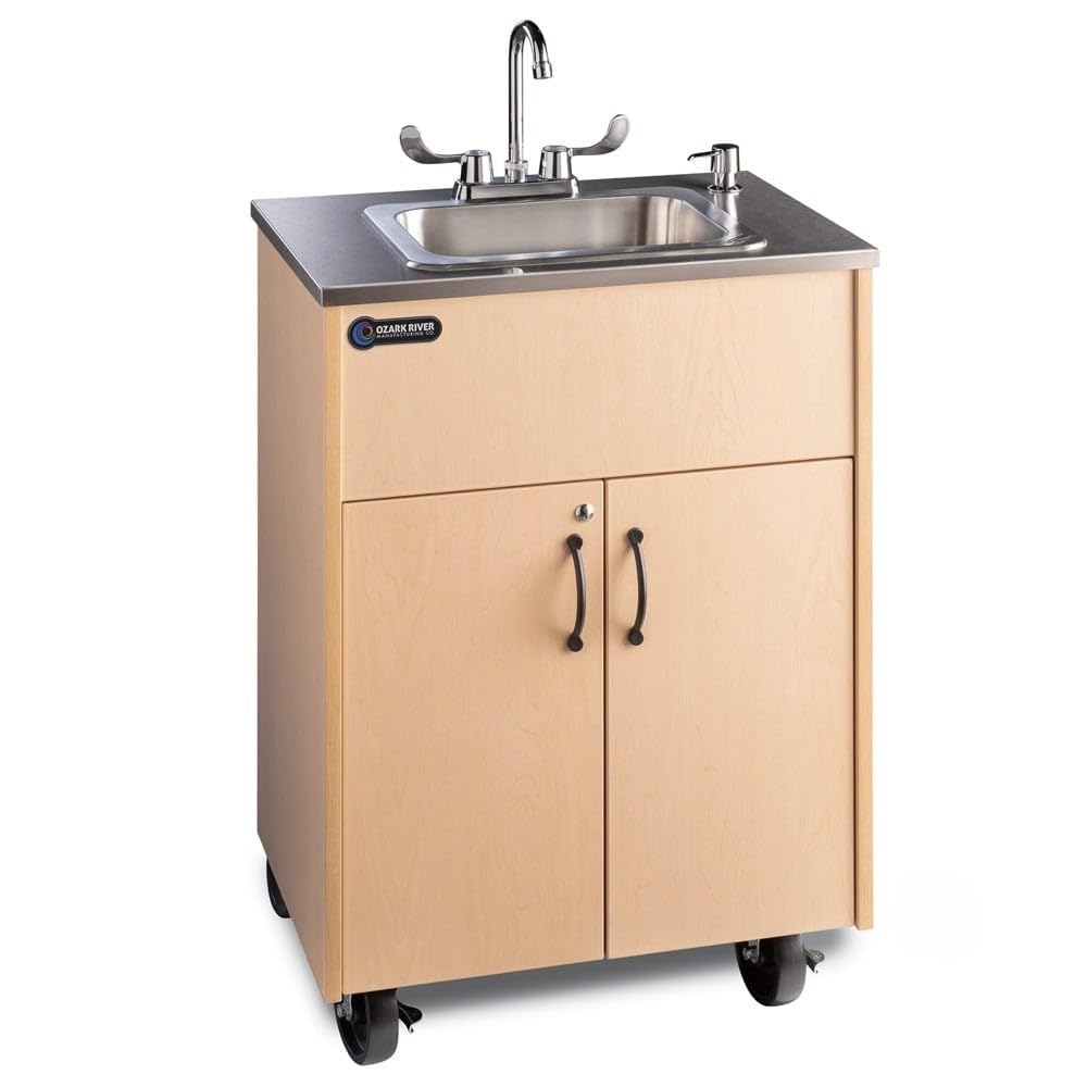 **Ozark River Portable Sink S1D - NSF Certified Stainless Steel Deep Basin with Maple Laminate Cabinet | Mobile Hand Washing Station with Hot Water & Wheels | Ideal for Outdoor Events, Food Trucks, Camping & Emergency Use**