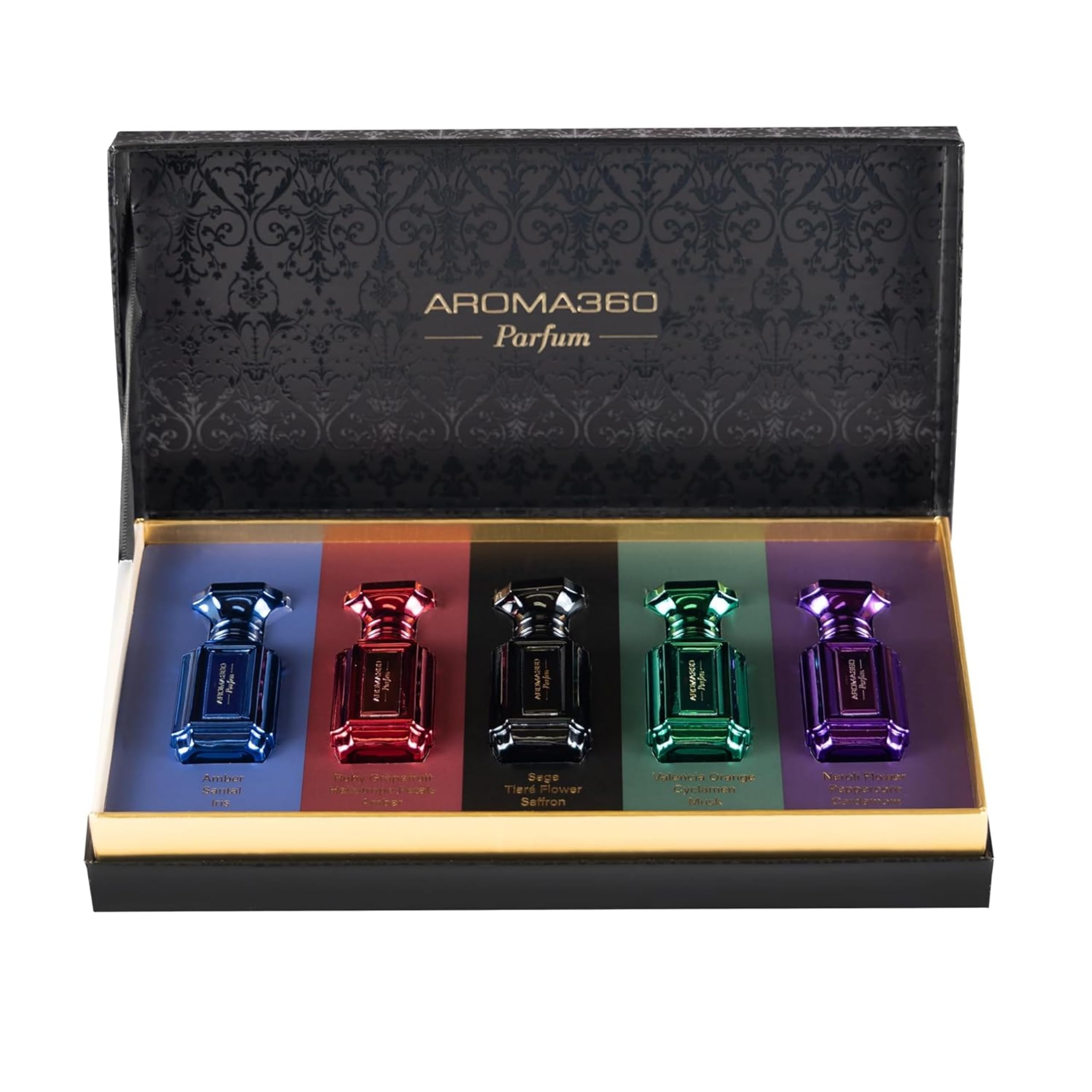 Aroma360 Perfume Discovery Set - 5 x 10mL Unisex Fragrances (Blue, Red, Green, Black, Purple) | Luxury Scent Sampler for Travel, Gifts & Everyday Wear | Premium Eau de Parfum Collection