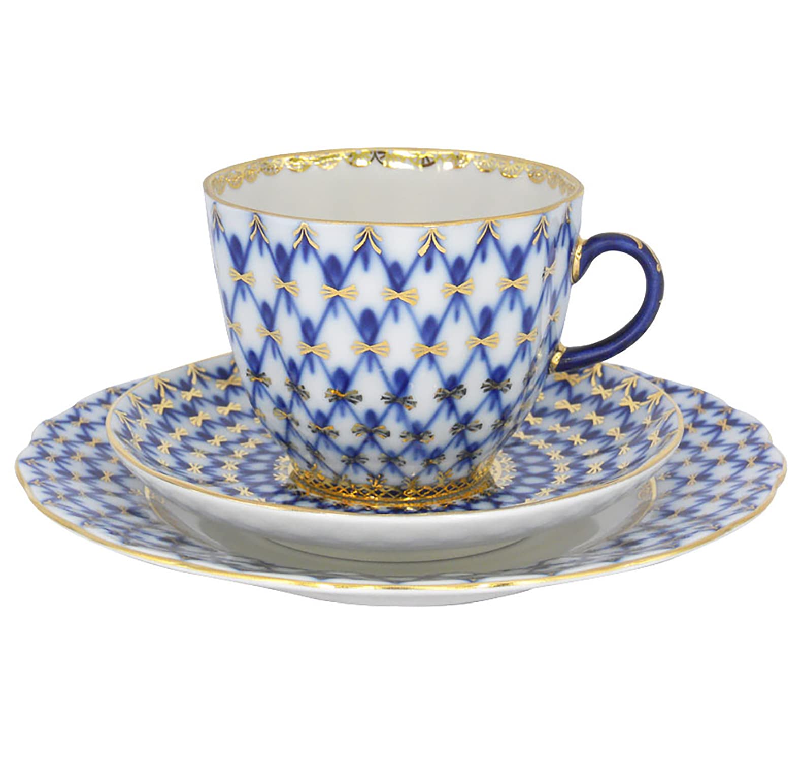 Lomonosov Porcelain Cobalt Net Coffee Cup and Saucer Set - 3 Piece Fine Bone China Tea Cup Set with Gold Accents - Elegant Tea Time & Coffee Break Accessories for Home, Cafe or Gift