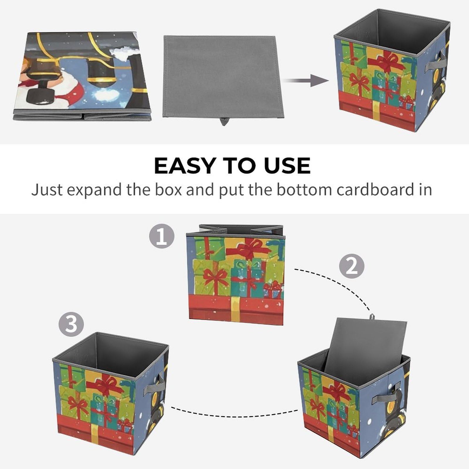 10.6 Inch Collapsible Storage Bins with Handles - Foldable Fabric Organizer Bins for Closet, Shelves, Office & Toys - Perfect for Home Organization, Kids Room Storage & Holiday Decor (Santa's Train Design)