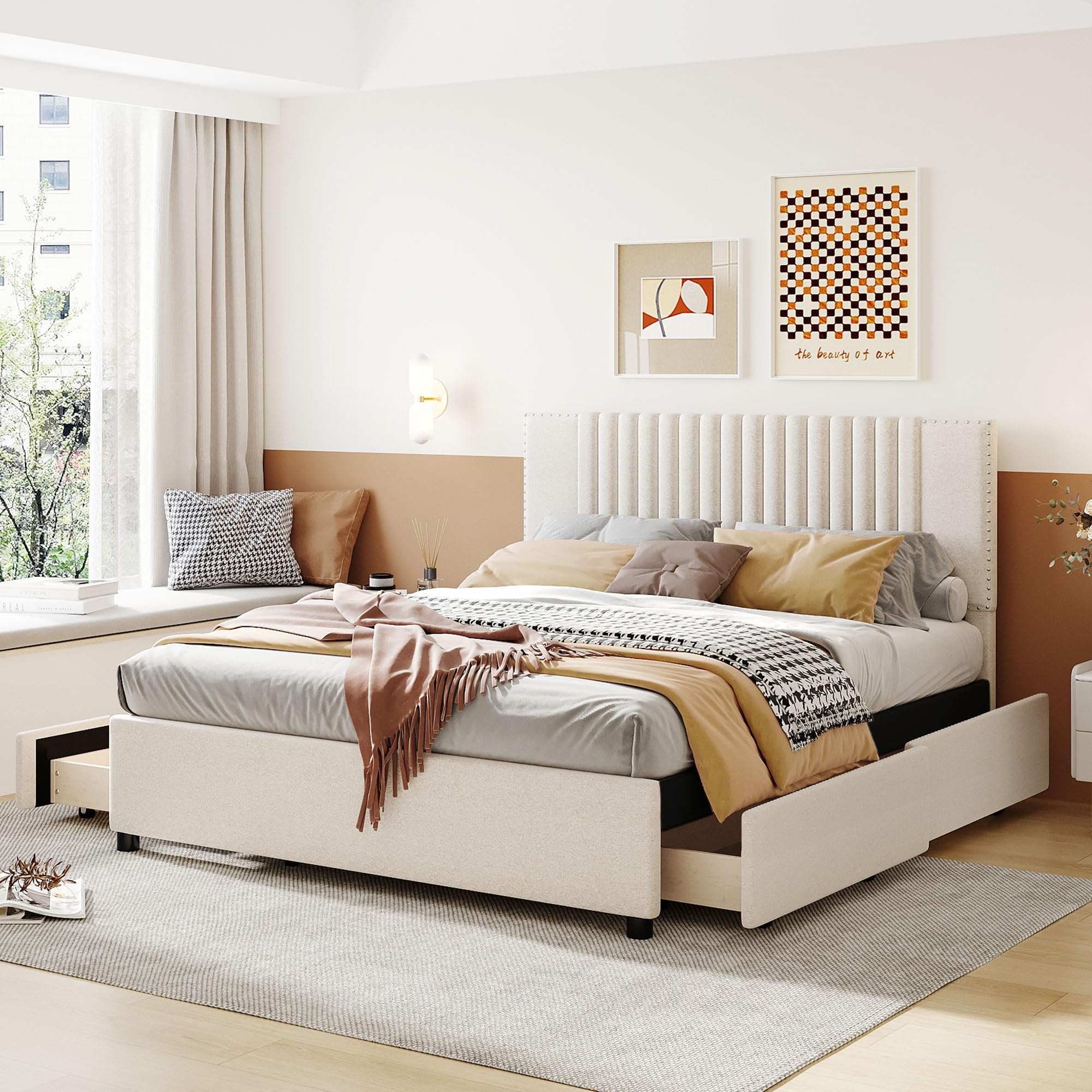 Upholstered Queen Size Platform Bed Frame with 4 Storage Drawers - Linen Fabric, Sturdy Wooden Slats & Classic Headboard - No Box Spring Needed (Beige) - Perfect for Small Bedrooms & Modern Apartments
