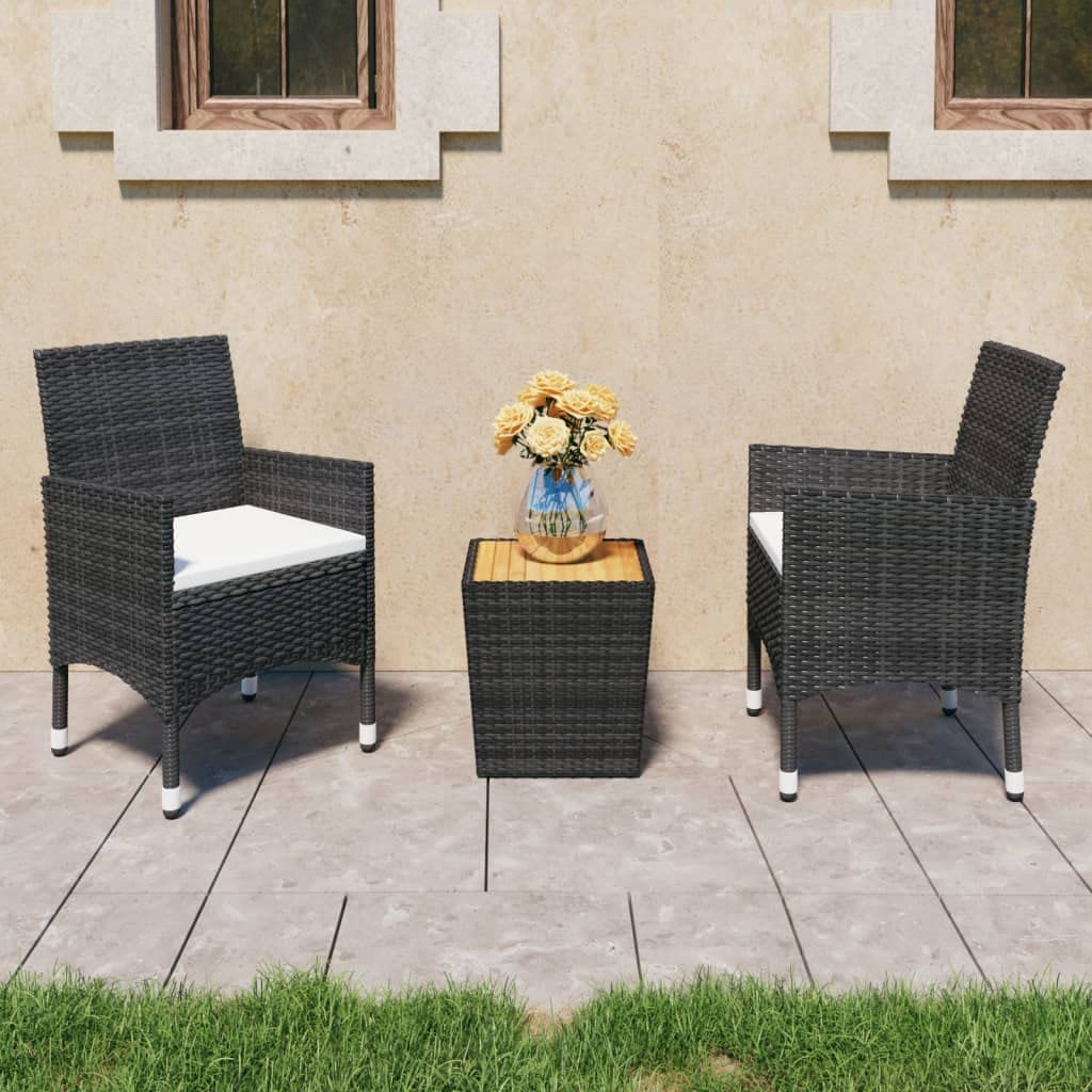 vidaXL 3-Piece Bistro Set - Outdoor Garden Patio Balcony Furniture with Poly Rattan Chairs & Acacia Wood Table - Perfect for Backyard, Terrace, Bar Counter Seating and Home Decor | Black