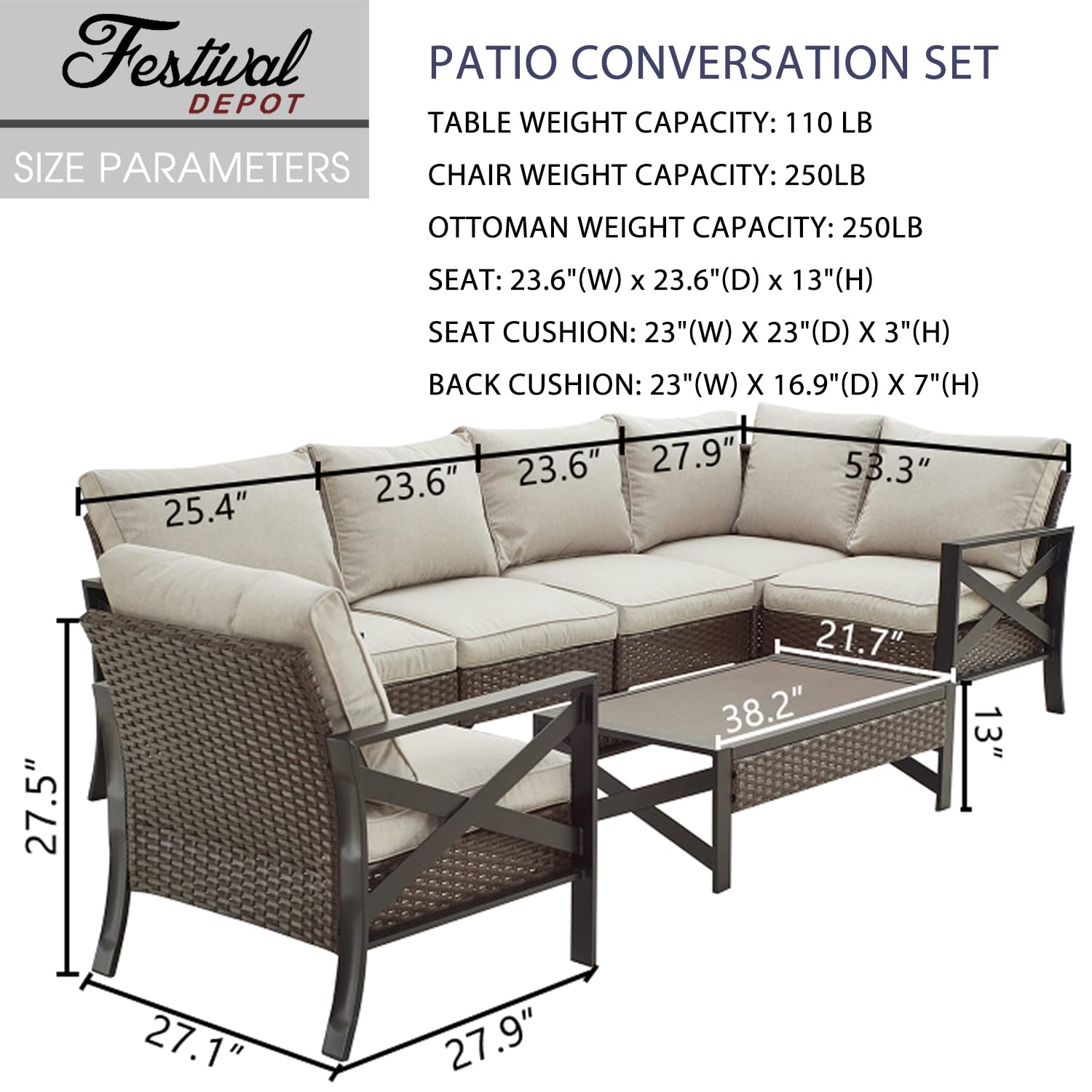 **7-Piece Outdoor Patio Furniture Set - All-Weather Brown Wicker Sectional Sofa with Removable Cushions, Coffee Table & Ottoman for Backyard, Garden, Poolside & Deck Relaxation**