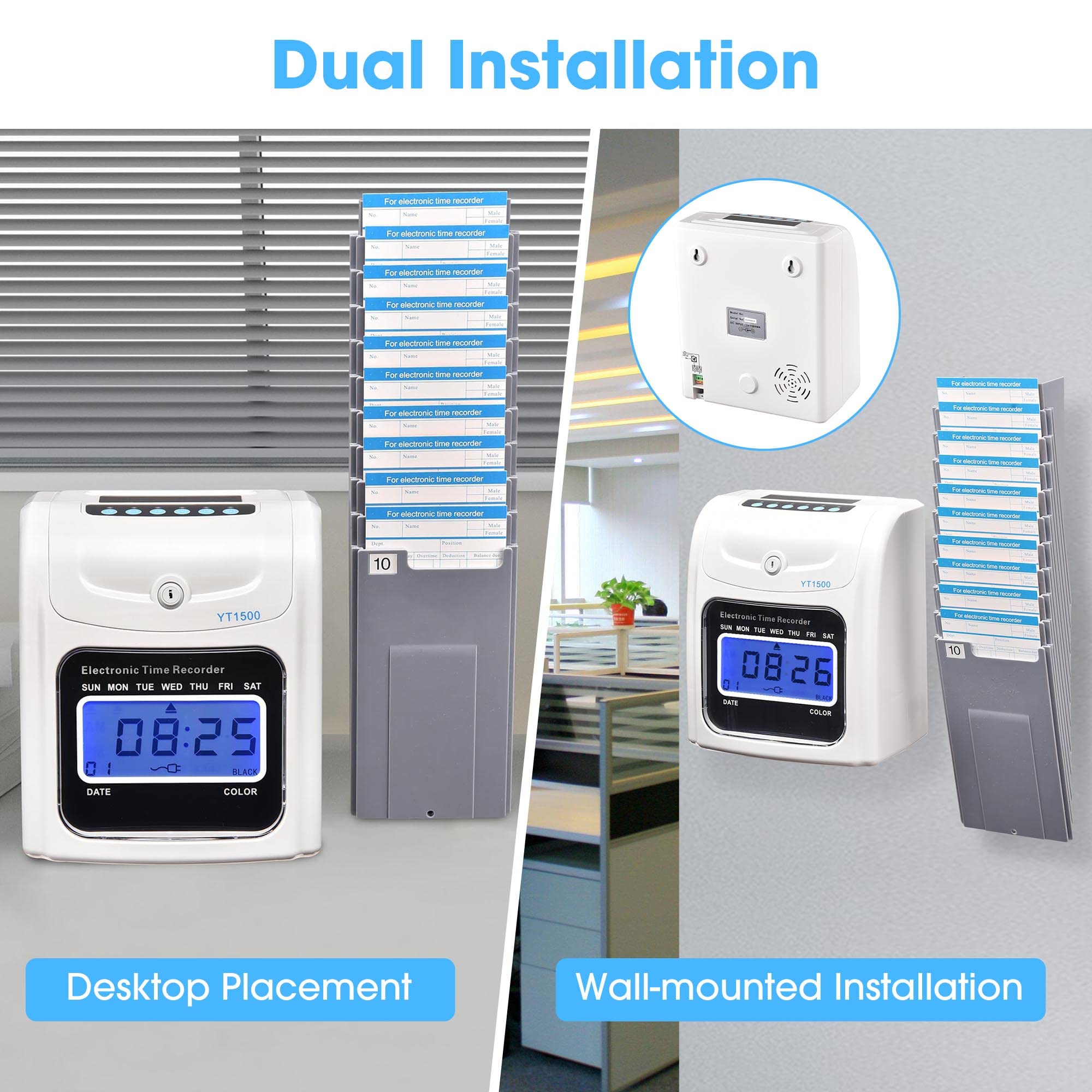 Yescom Employee Time Clock Bundle - Digital Punch Card System with LCD Display, 100 Time Cards, Card Holder, 2 Keys & Ink Ribbon - Ideal for Small Business Payroll & Attendance Tracking