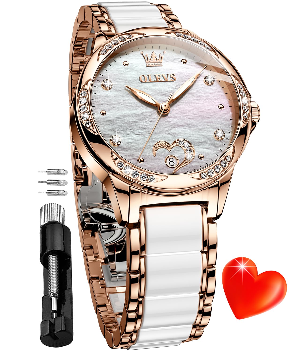 OLEVS Self-Winding Automatic Women's Watch - Luxury Rose Gold Ceramic Diamond Dress Watch with Heart Date Display | Perfect for Formal Events, Date Nights & Gift Giving