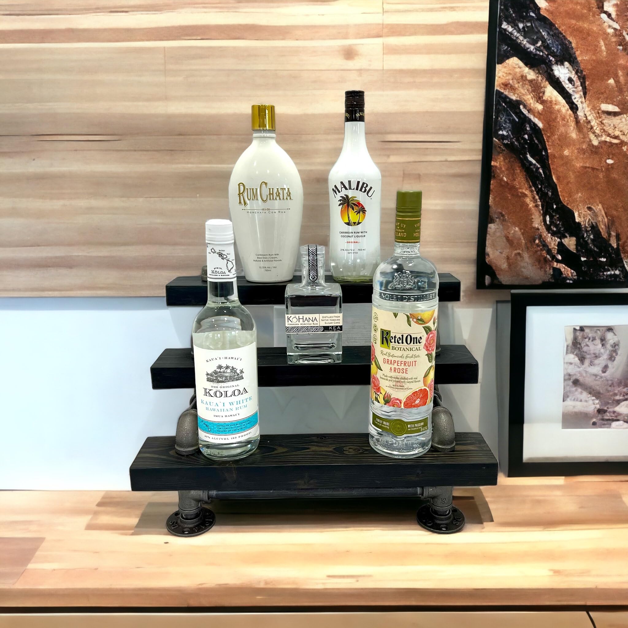 3-Tier Industrial Bar Display Shelf - Freestanding Liquor & Wine Bottle Organizer - 36