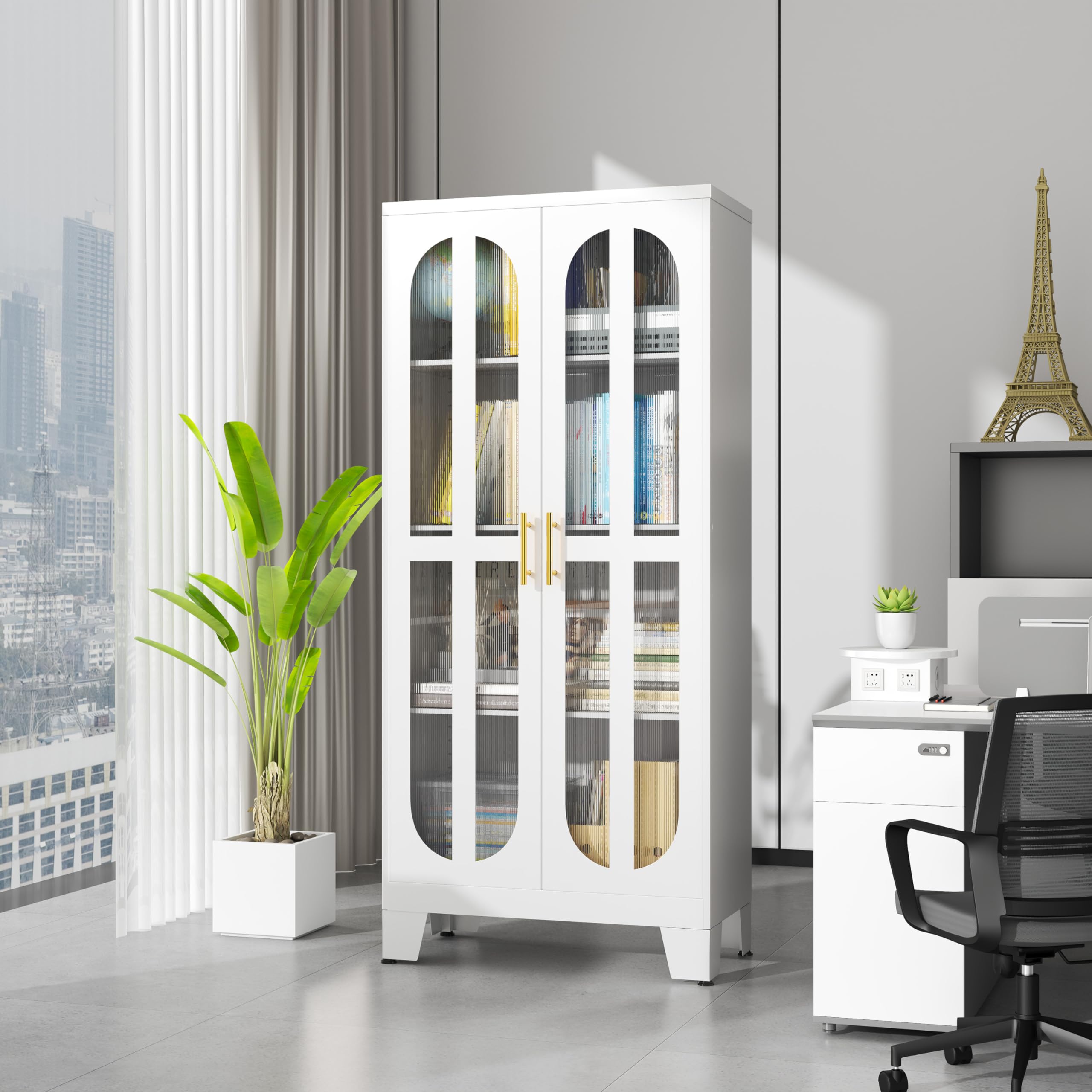 Stainless Steel Kitchen Pantry Storage Cabinet with Acrylic Glass Doors & Adjustable Shelves - 61.02