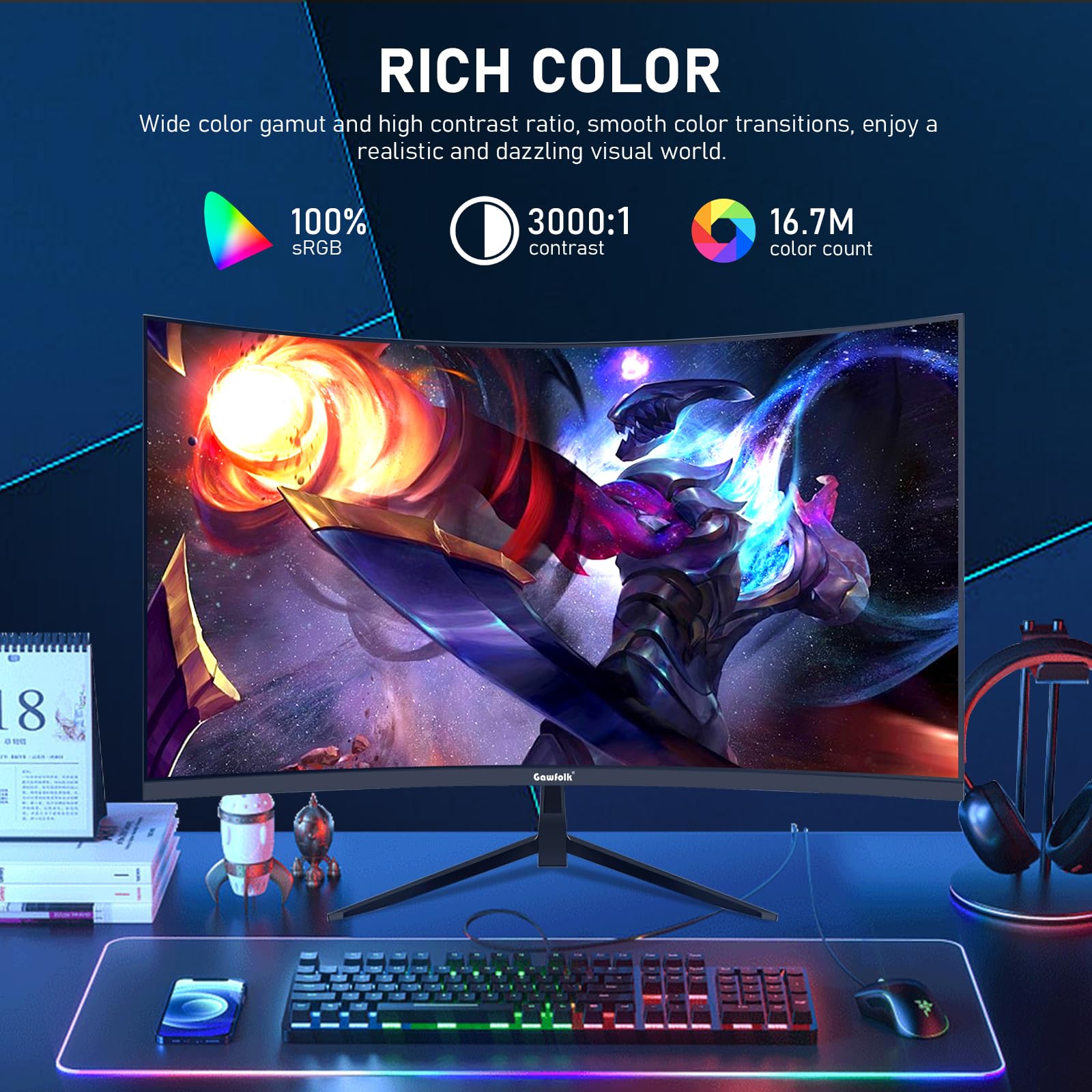 Gawfolk 32-inch 2K WQHD (2560×1440) 165Hz Curved Gaming Monitor - 1ms Response, AMD FreeSync, 100% sRGB, 178° Viewing Angle, HDMI/DisplayPort, VESA Mount - Perfect for PC Gaming, Esports & Home Office Setup - Black
