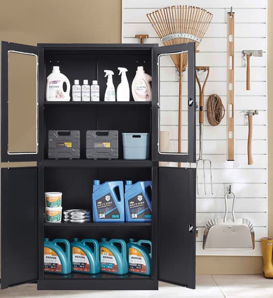 Black Metal Display Cabinet with Glass Doors & Lock - Freestanding Storage Cabinet for Kitchen, Pantry, Bathroom or Home Office - Perfect for Organizing Dishes, Food, Towels & Office Supplies