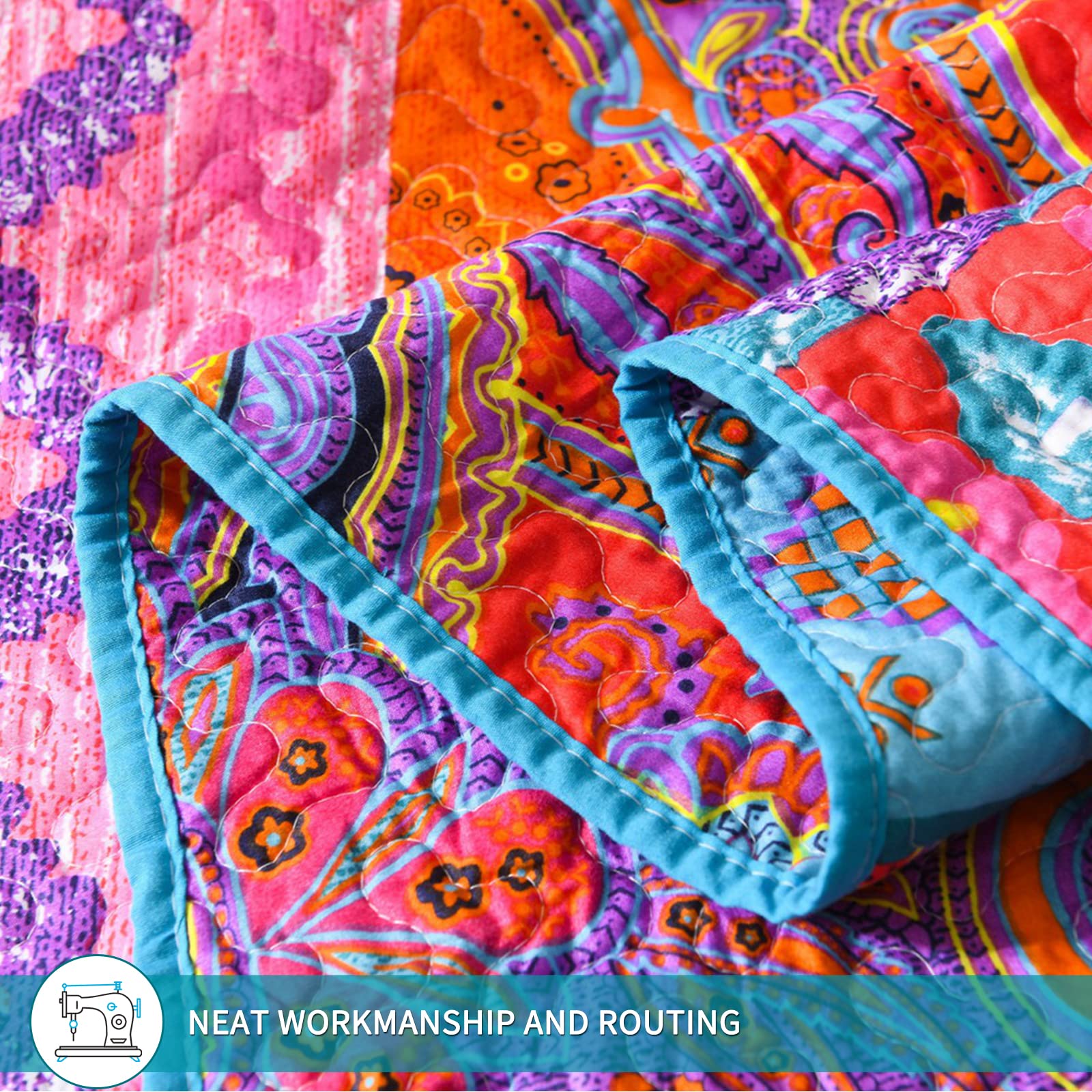 Qucover Boho Quilt Throw - Soft Microfiber Pink & Blue Bohemian Bedspread, Ethnic Style Lightweight Blanket for Couch, Sofa, Bed (Small Single) - Perfect for Cozy Nights, Home Decor & Bohemian Style Living Rooms