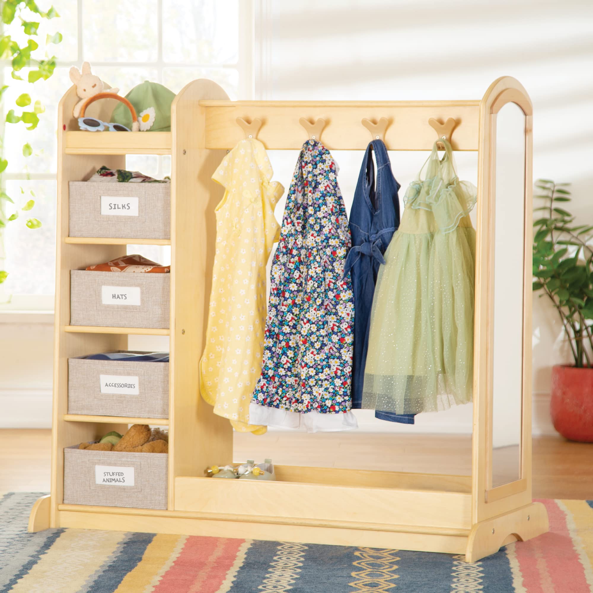 Guidecraft EdQ Natural Wood Dress-Up Storage with Bins - Kids Costume Organizer with Mirror, Shoe Shelf & Cubbies | Montessori Bedroom Furniture for Toddlers | Perfect for Pretend Play, Closet Organization & Playroom Storage