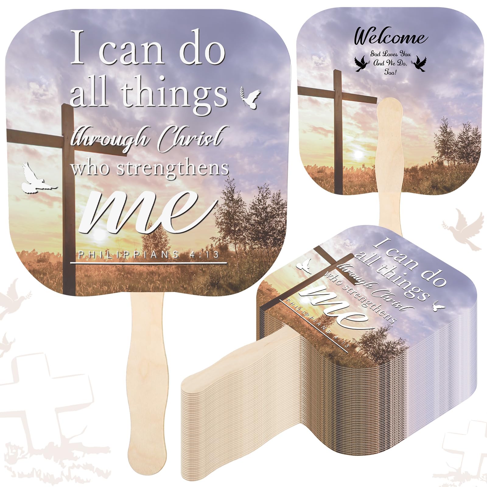50 Pack Christian Church Handheld Fans - Bulk Religious Wooden Handle Paper Fans for Church Services, Bible Study & Worship - Inspirational Gifts for Men & Women (I Can Do All Things) - Perfect for Weddings, Baptisms & Sunday School Decorations