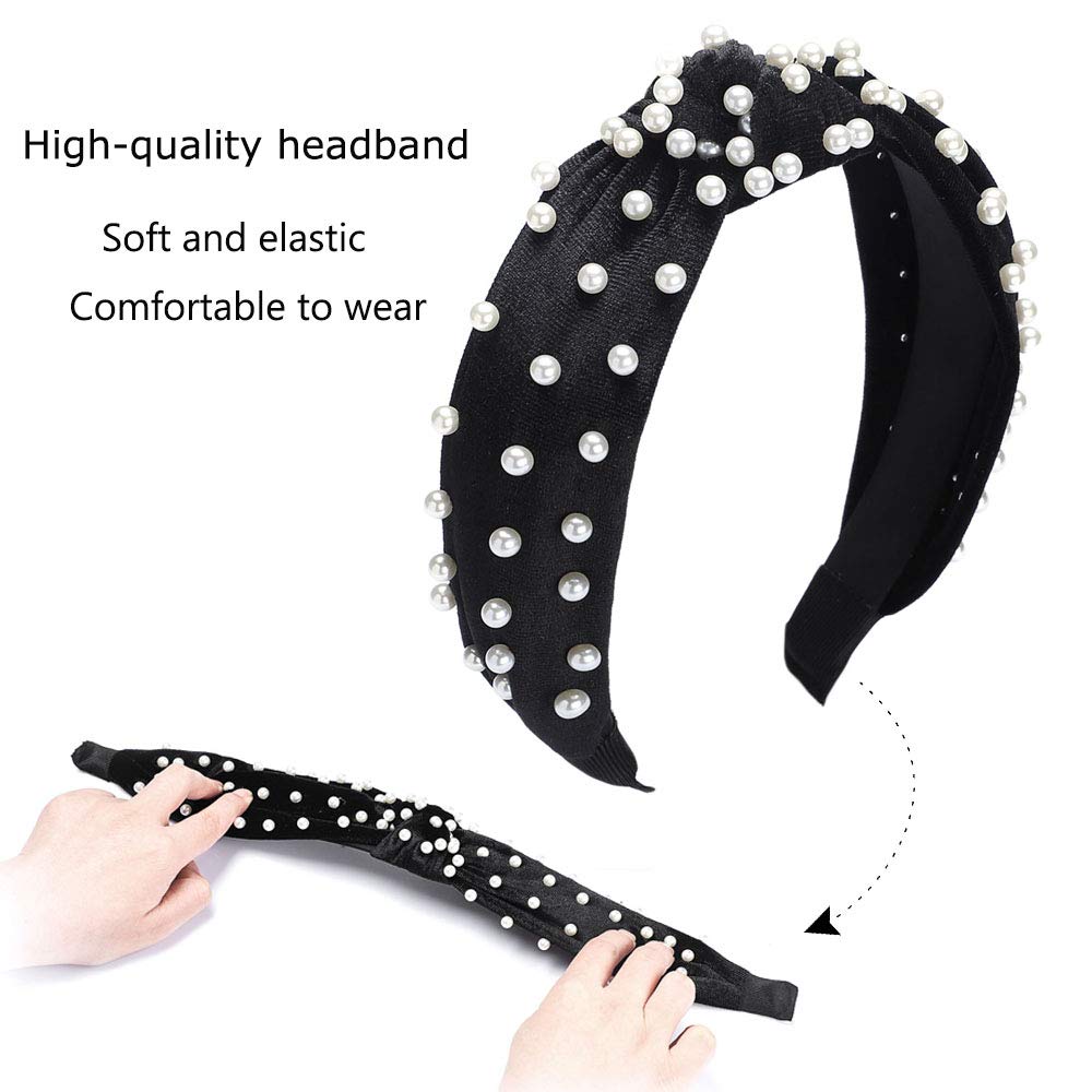 2PCS Women's Fashion Headbands - Etercycle Bow Knotted Wide Elastic Hair Bands for Yoga, Workouts & Daily Wear (Black & Black Pearl) - Comfortable Non-Slip Hair Accessories for Women & Girls