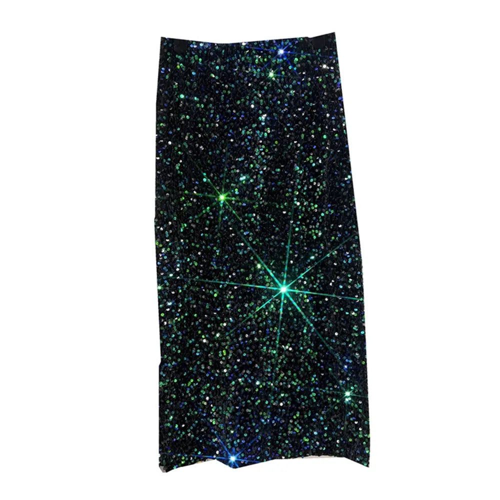French High Waisted Slim Skirt for Women - Shiny Black Sequin Mid-Length Skirt with Side Split, Thickened Hip Design & All-Match Styling | Perfect for Parties, Date Nights & Evening Events