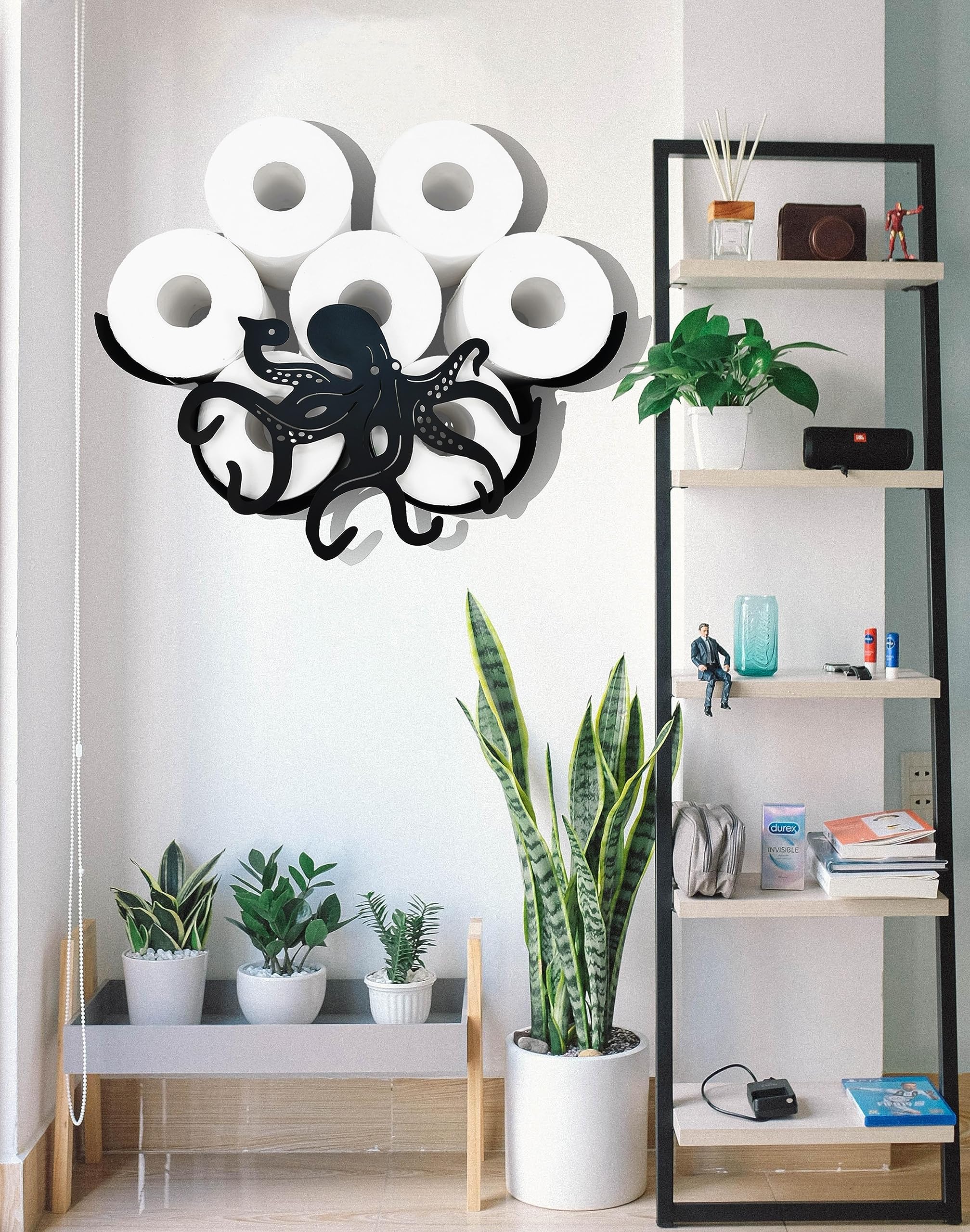 Black Octopus Metal Wall Toilet Paper Holder - Animal Decorative Bathroom Tissue Storage Organizer with 8-Roll Capacity - Perfect for Coastal, Nautical, or Kids' Bathroom Decor