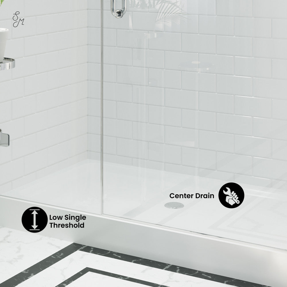 Voltaire 60 x 32 Inch Acrylic White Shower Base with Single Threshold & Center Drain - Perfect for Bathroom Remodeling & Modern Walk-In Showers