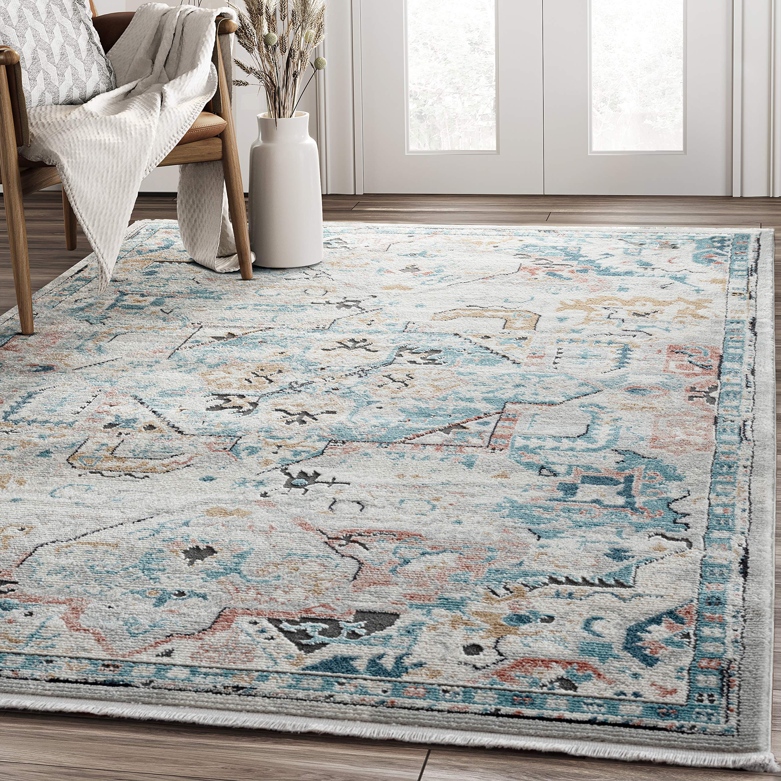 Vintage Multicolor Cream & Blue Traditional Area Rug 6' x 9' - Non-Shedding Soft Bedroom Rug by Abani Rugs - Perfect for Boho Bedroom Decor, Living Room Accent & Cozy Home Flooring