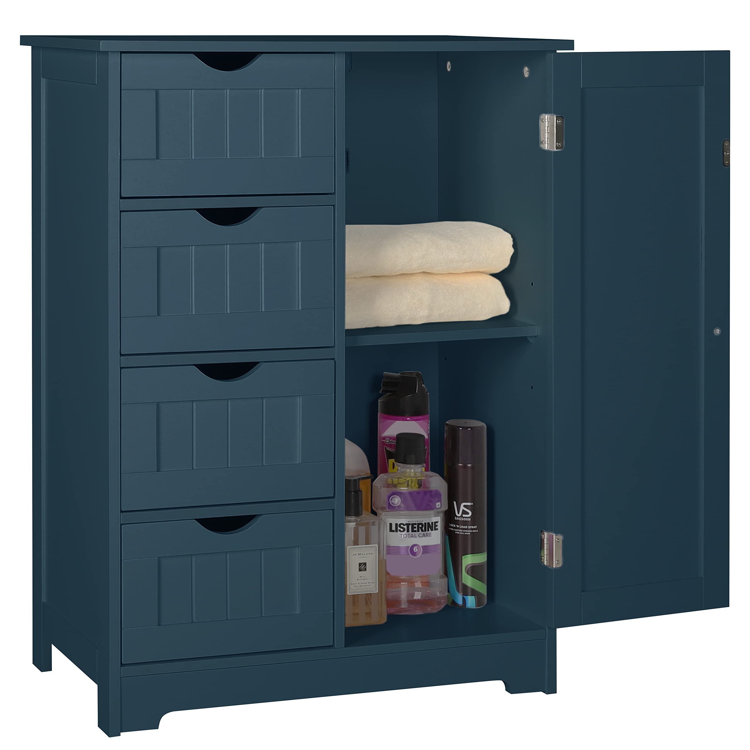 VEIKOU 4-Drawer Wooden Bathroom Storage Cabinet with Adjustable Shelf - Freestanding Floor Cabinet for Bathroom Organization, Dark Teal - Perfect for Small Spaces, Towel & Toiletries Storage