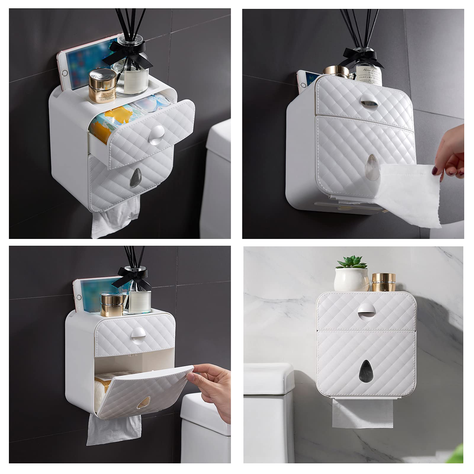 Wall-Mounted Tissue Dispenser & Storage Box with Drawer - White Bathroom Organizer for Tissues, Toilet Paper & Essentials | Perfect for Bathroom, Kitchen, Office & RV Organization