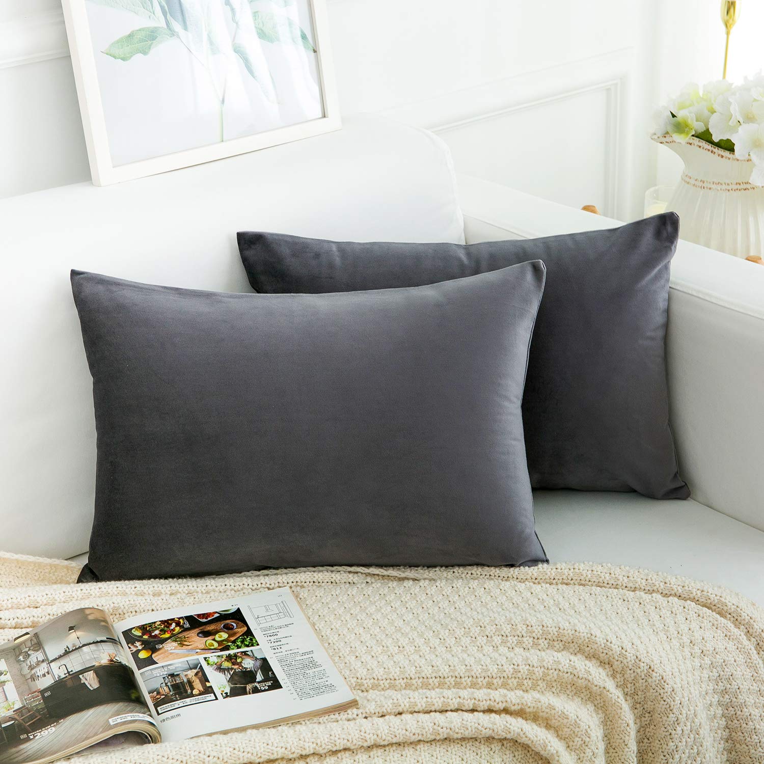 Velvet Decorative Throw Pillow Covers Set of 2 - 12x20 Inch Soft Square Gray Cushion Covers for Sofa, Couch, Bed & Chair | Home Decor, Living Room Accent Pillows