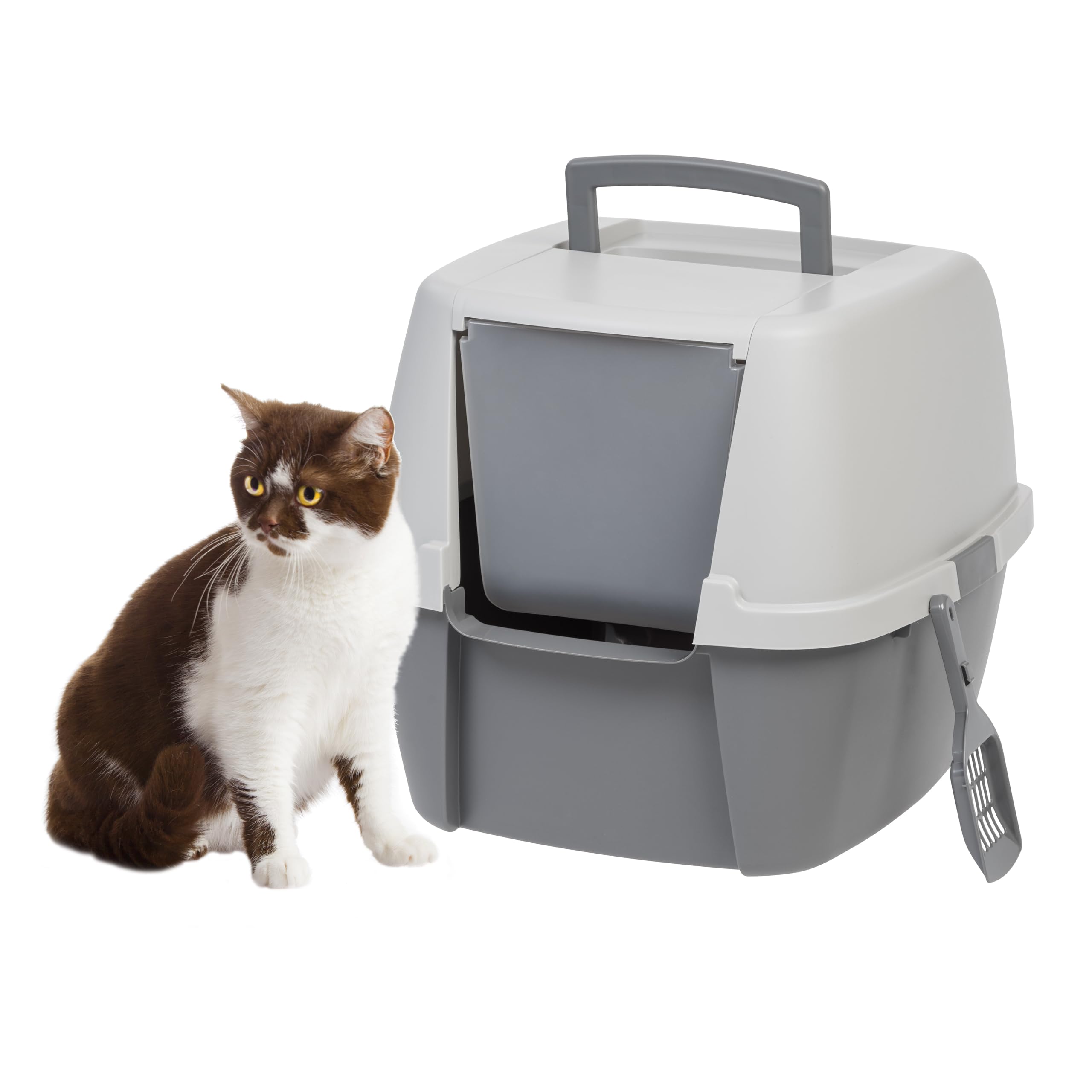 IRIS USA Enclosed Cat Litter Box with Front Door Flap & Scoop - Portable Covered Kitty Litter Box with Handle & Buckles for Privacy - Dark Gray - Perfect for Small Spaces & Multi-Cat Homes