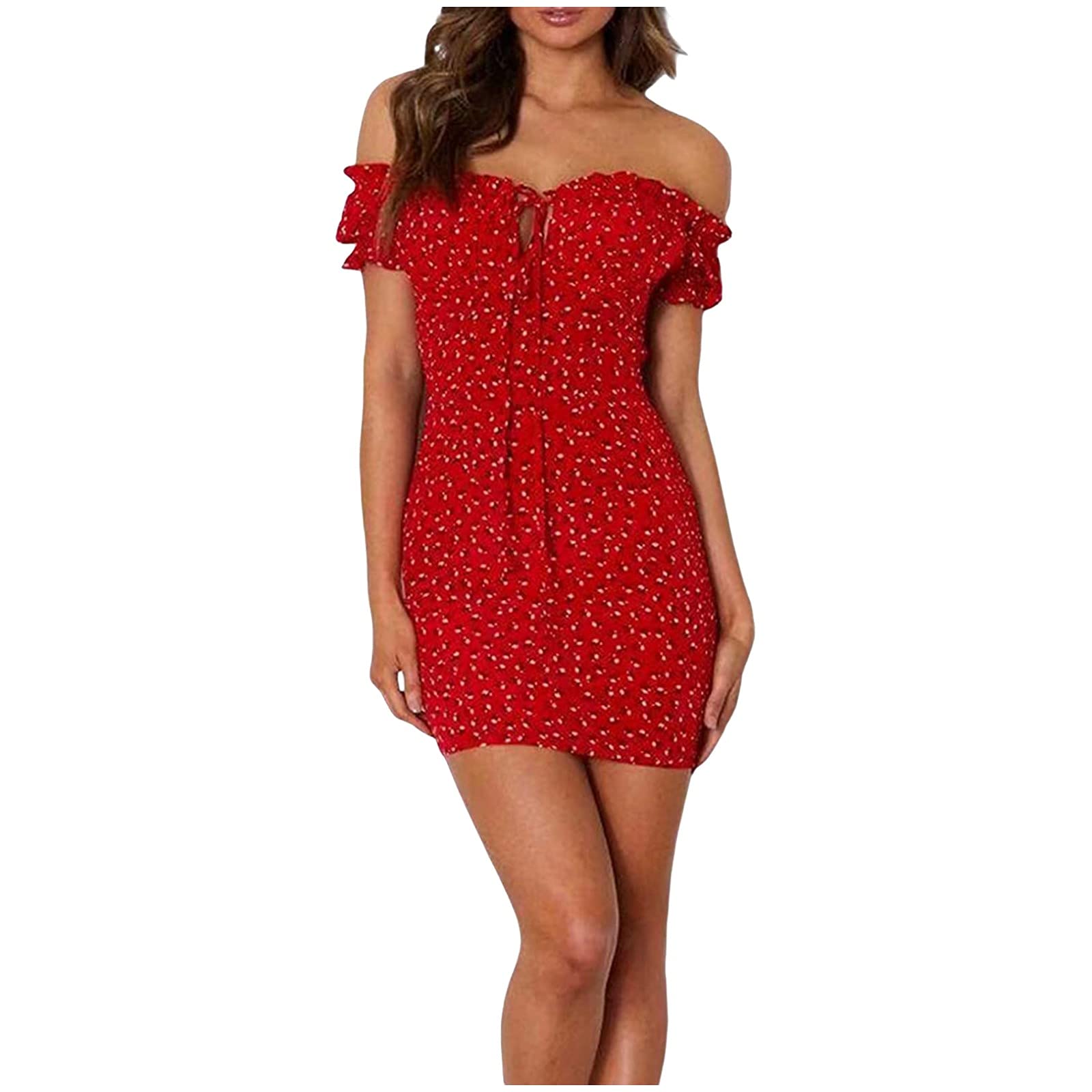 Women's Floral Mini Dress - Ruffle Short Sleeve Tie Front Bodycon Pencil Dress for Party, Club & Date Night | Sexy Wrap Dress for Summer Outfits & Special Occasions