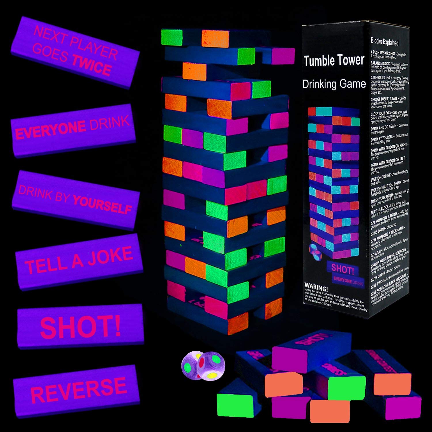 Glow in the Dark Drinking Jenga Game for Adults - 54 Black Light Reactive Blocks with Fun Drinking Challenges | Perfect for Night Parties, Bachelorette & Bachelor Events, College Gatherings & Bar Games