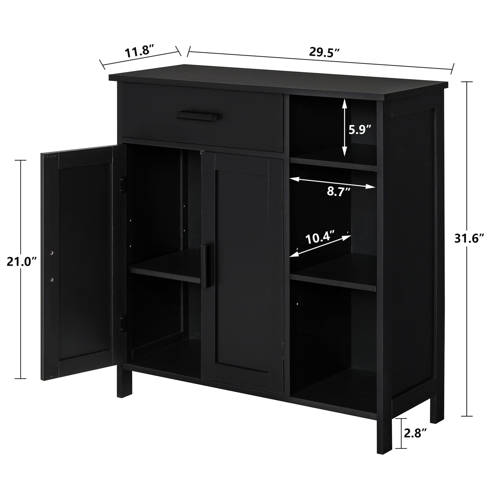WEENFON Freestanding Storage Cabinet with Doors, Drawers & Shelves - Bathroom Organizer, Coffee Bar Cabinet for Living Room - Black (Perfect for Small Spaces & Home Organization)
