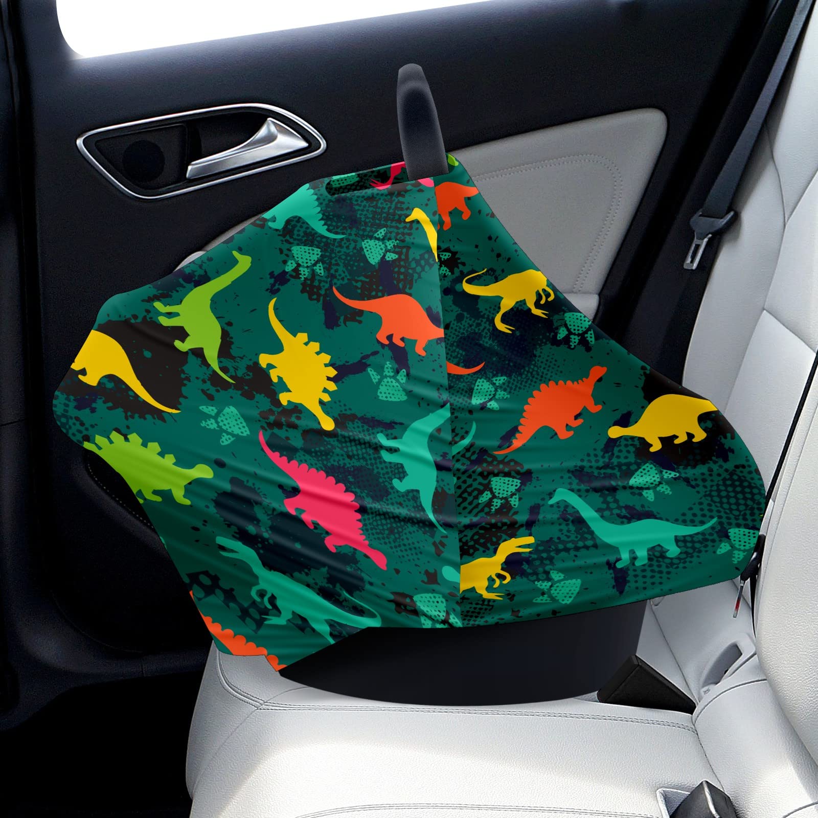 Dinosaur Print Baby Car Seat Cover & Nursing Scarf - Soft, Breathable, Stretchy Infant Car Canopy for Boys & Girls - Perfect for Strollers, Breastfeeding, and Car Seat Protection